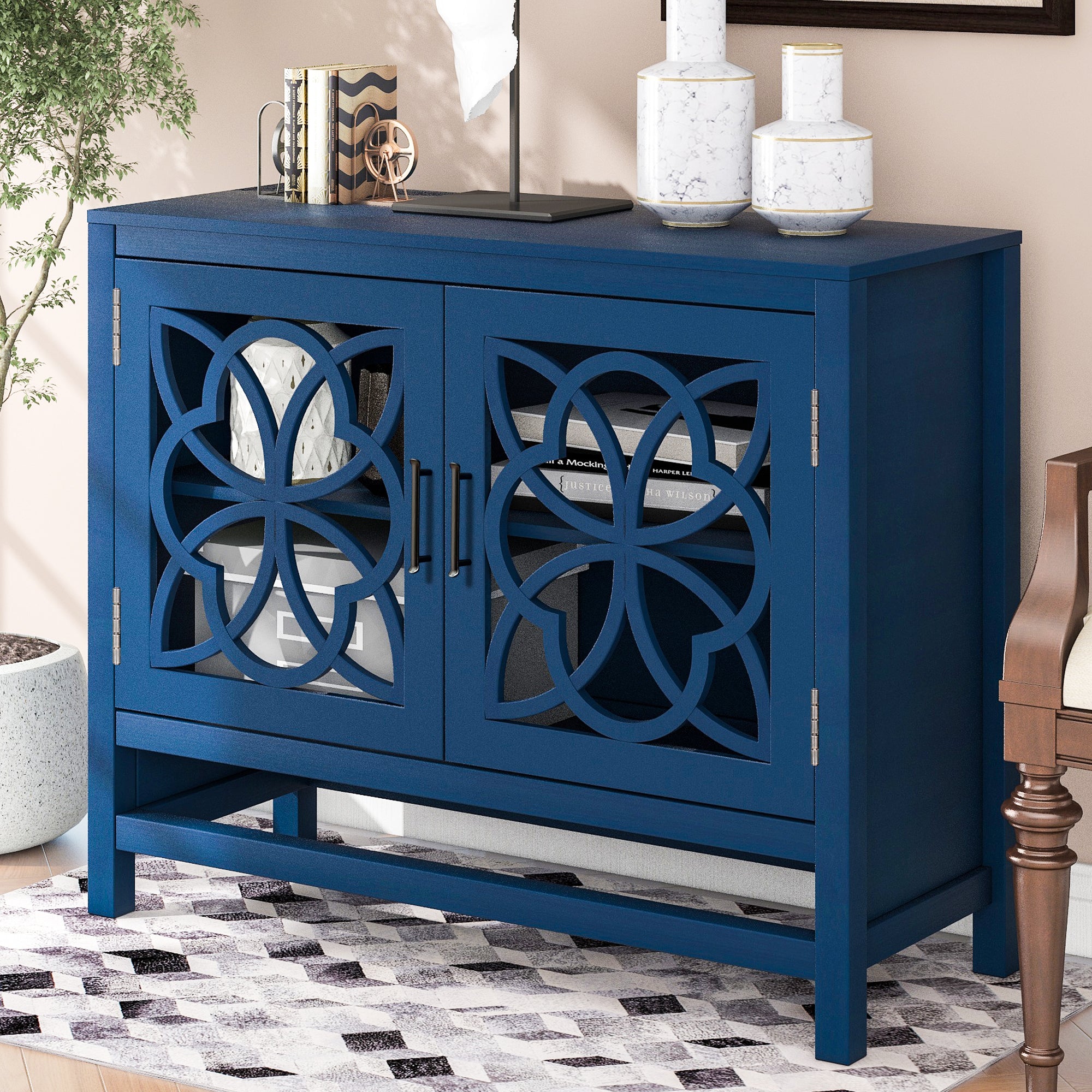 Royard Oaktree Buffet Cabinet Wood Accent Cabinet with 2 Hollow-Carved Doors and Adjustable Shelf Modern Sideboard with Storage for Kitchen Living Room Bedroom Entryway