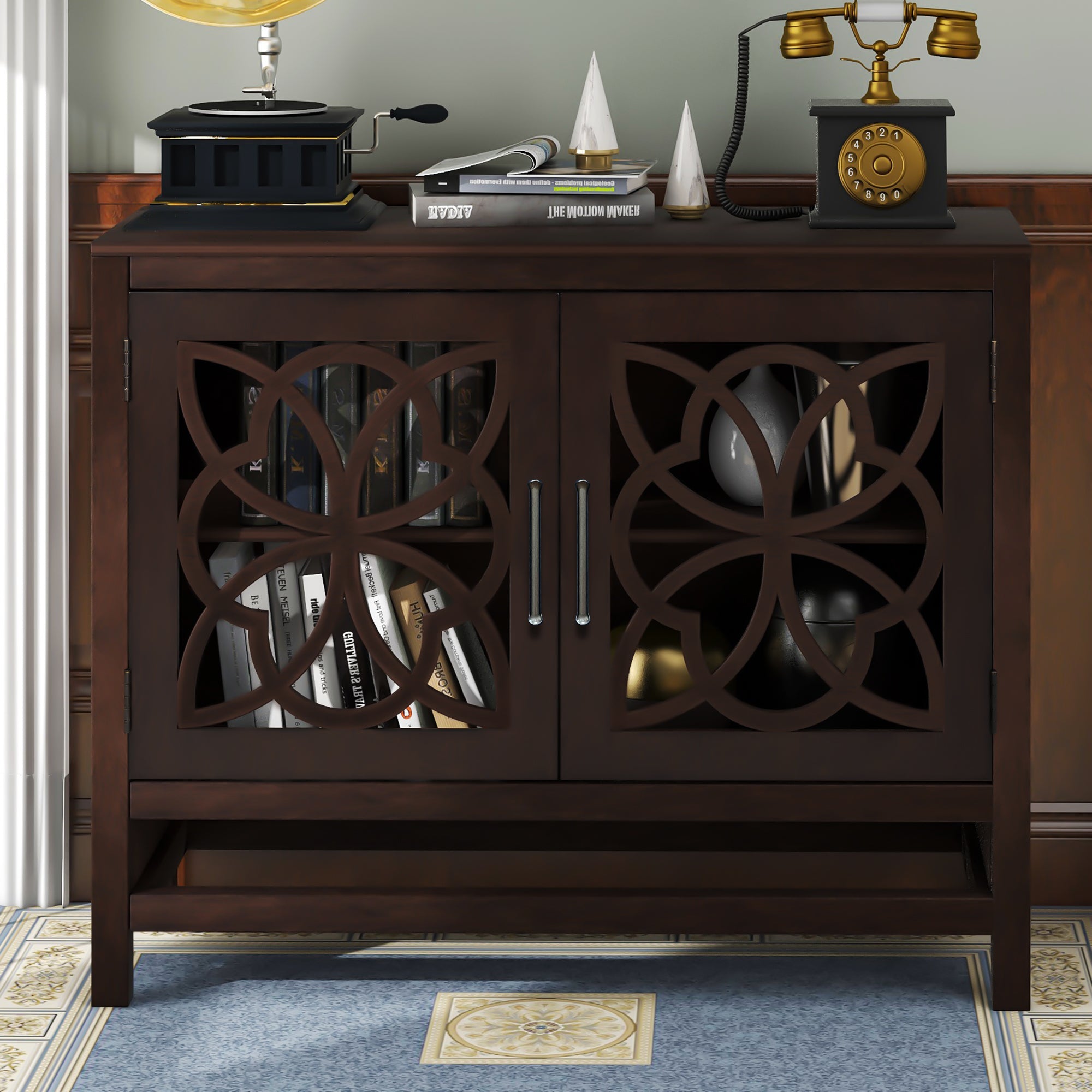 Royard Oaktree Buffet Cabinet Wood Accent Cabinet with 2 Hollow-Carved Doors and Adjustable Shelf Modern Sideboard with Storage for Kitchen Living Room Bedroom Entryway