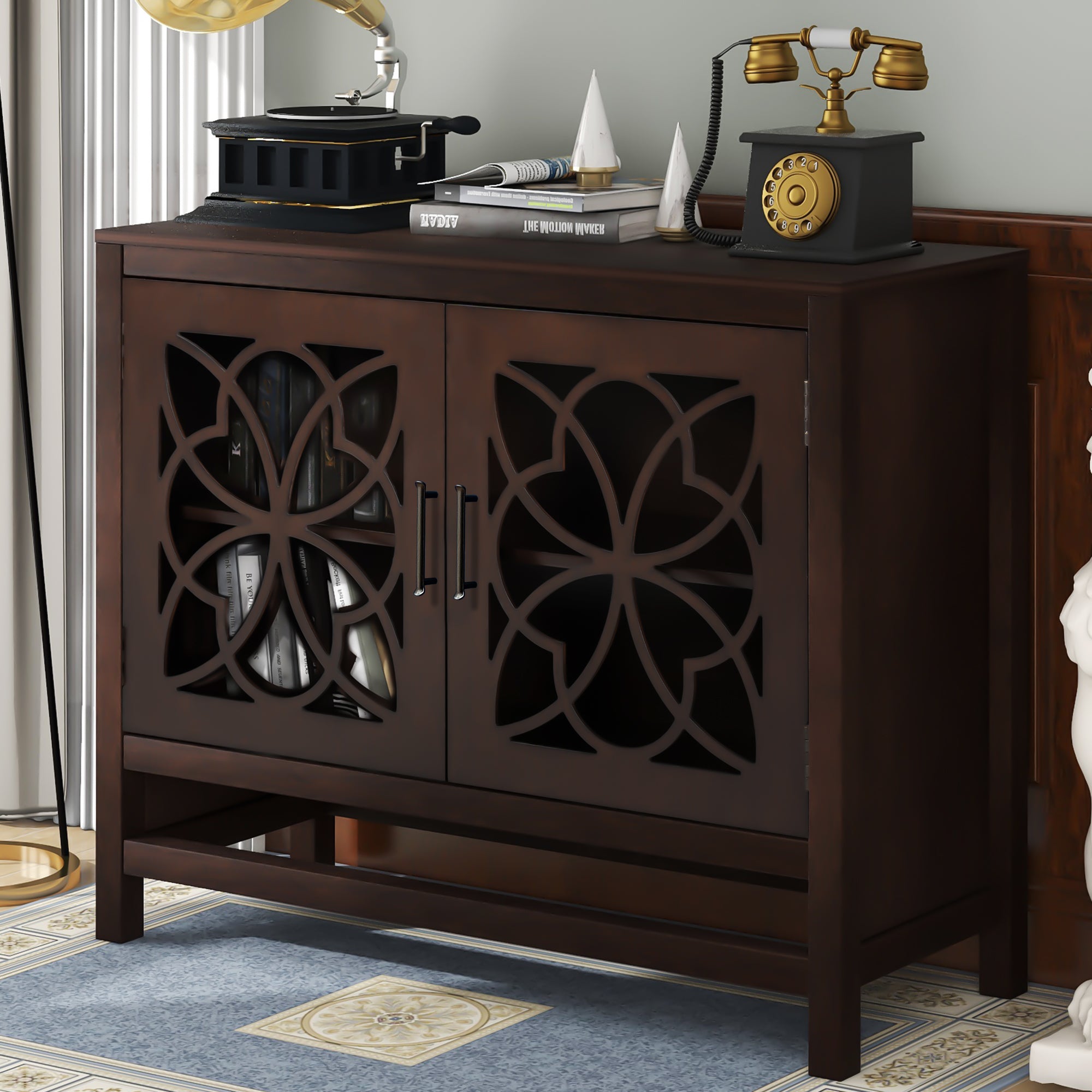 Royard Oaktree Buffet Cabinet Wood Accent Cabinet with 2 Hollow-Carved Doors and Adjustable Shelf Modern Sideboard with Storage for Kitchen Living Room Bedroom Entryway