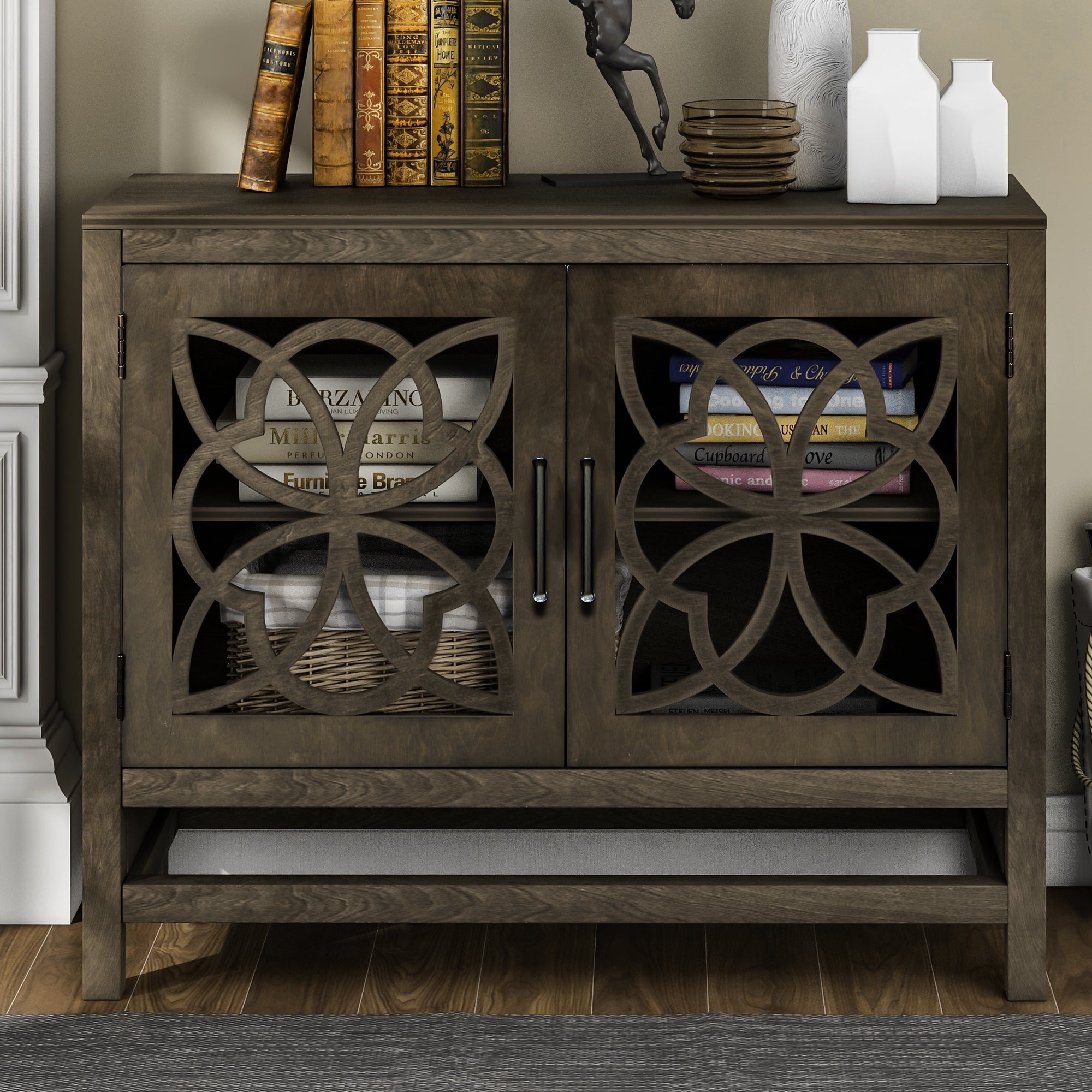 Royard Oaktree Buffet Cabinet Wood Accent Cabinet with 2 Hollow-Carved Doors and Adjustable Shelf Modern Sideboard with Storage for Kitchen Living Room Bedroom Entryway