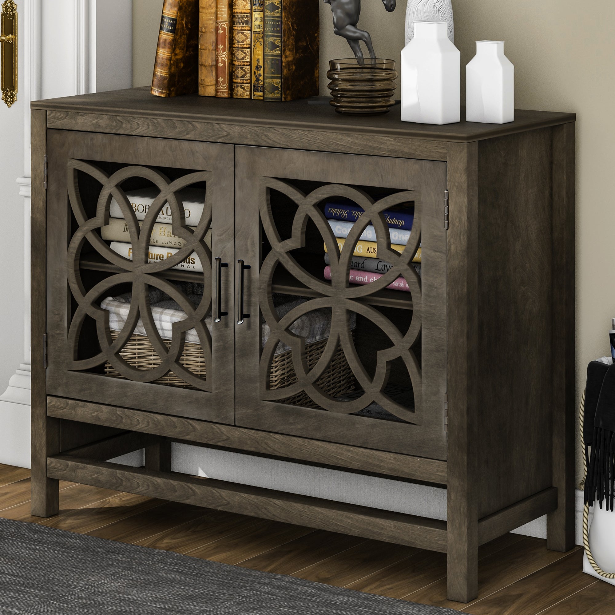 Royard Oaktree Buffet Cabinet Wood Accent Cabinet with 2 Hollow-Carved Doors and Adjustable Shelf Modern Sideboard with Storage for Kitchen Living Room Bedroom Entryway