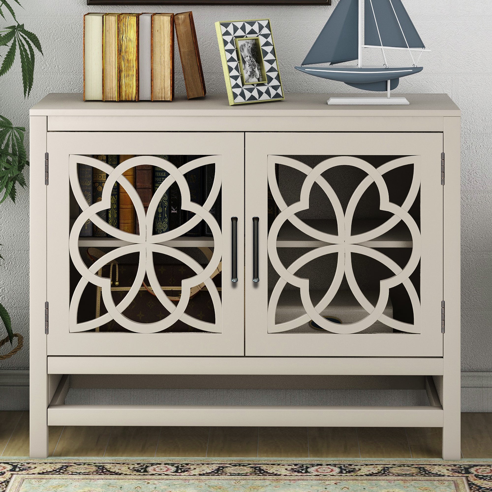 Royard Oaktree Buffet Cabinet Wood Accent Cabinet with 2 Hollow-Carved Doors and Adjustable Shelf Modern Sideboard with Storage for Kitchen Living Room Bedroom Entryway