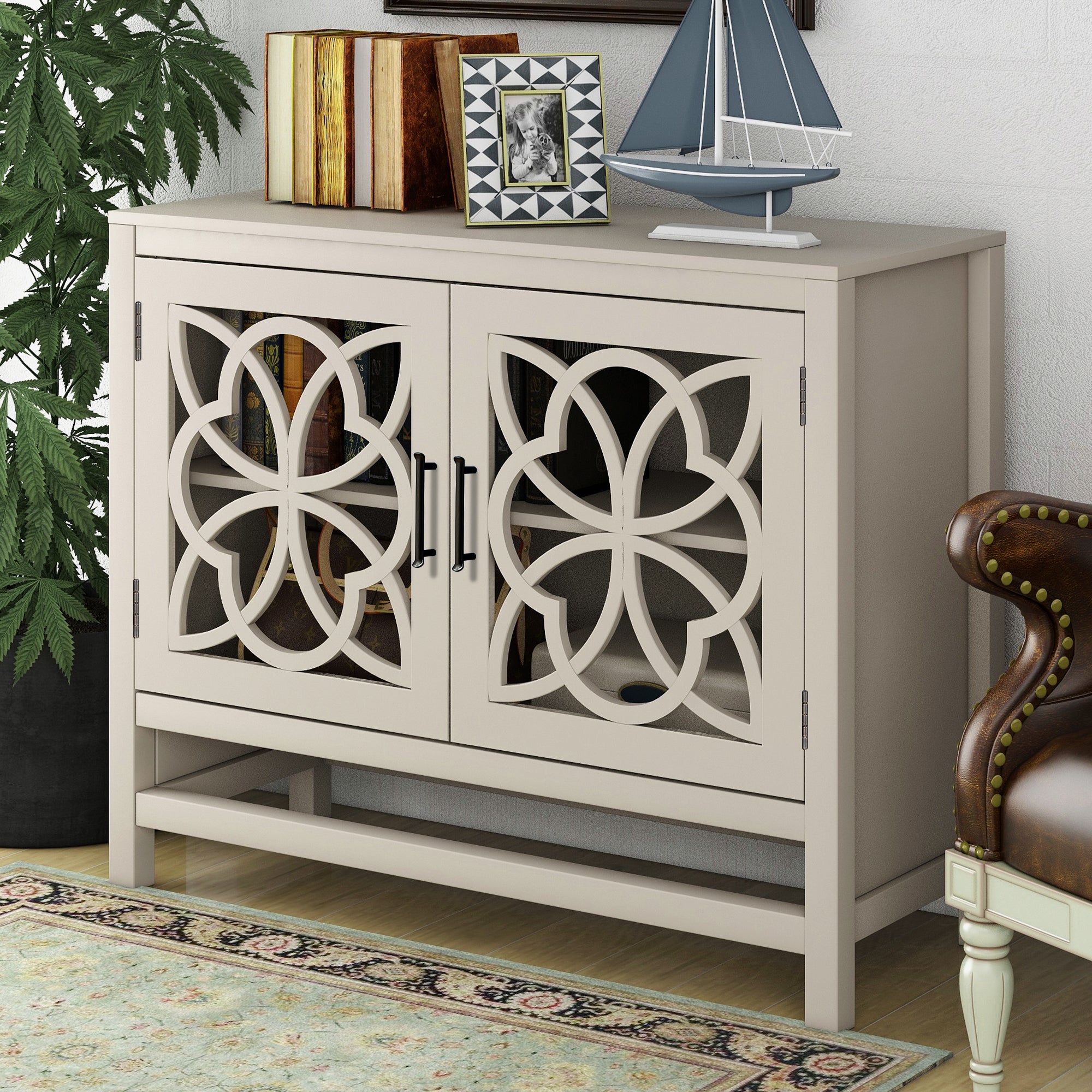 Royard Oaktree Buffet Cabinet Wood Accent Cabinet with 2 Hollow-Carved Doors and Adjustable Shelf Modern Sideboard with Storage for Kitchen Living Room Bedroom Entryway