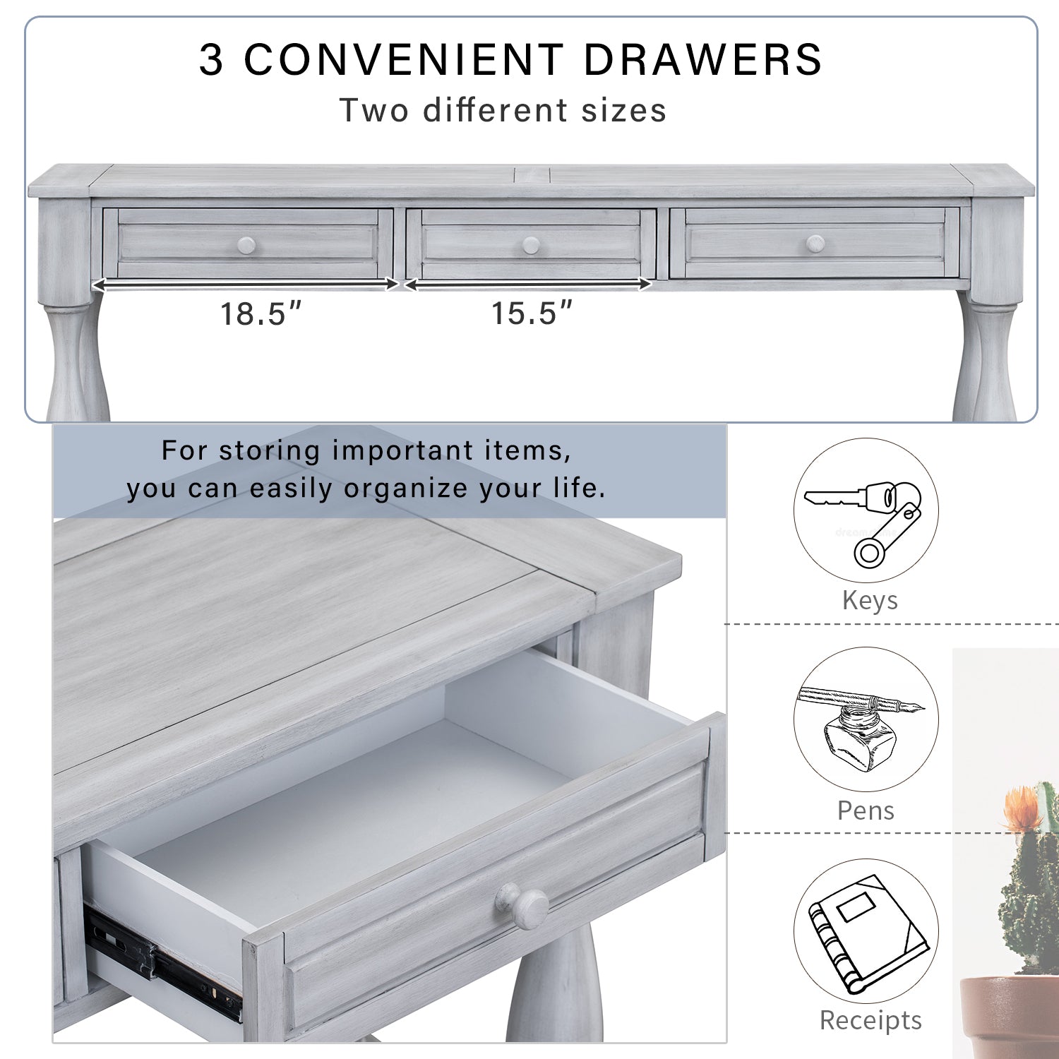 Royard Oaktree 64 Long Console Table Extra-thick Sofa Table with Three Storage Drawers and Open Shelf Retro Entryway Accent Table Wood Narrow Side Table for Living Room Hallway