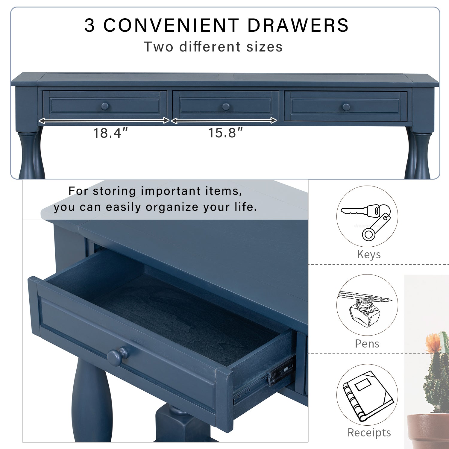 Royard Oaktree 64 Long Console Table Extra-thick Sofa Table with Three Storage Drawers and Open Shelf Retro Entryway Accent Table Wood Narrow Side Table for Living Room Hallway