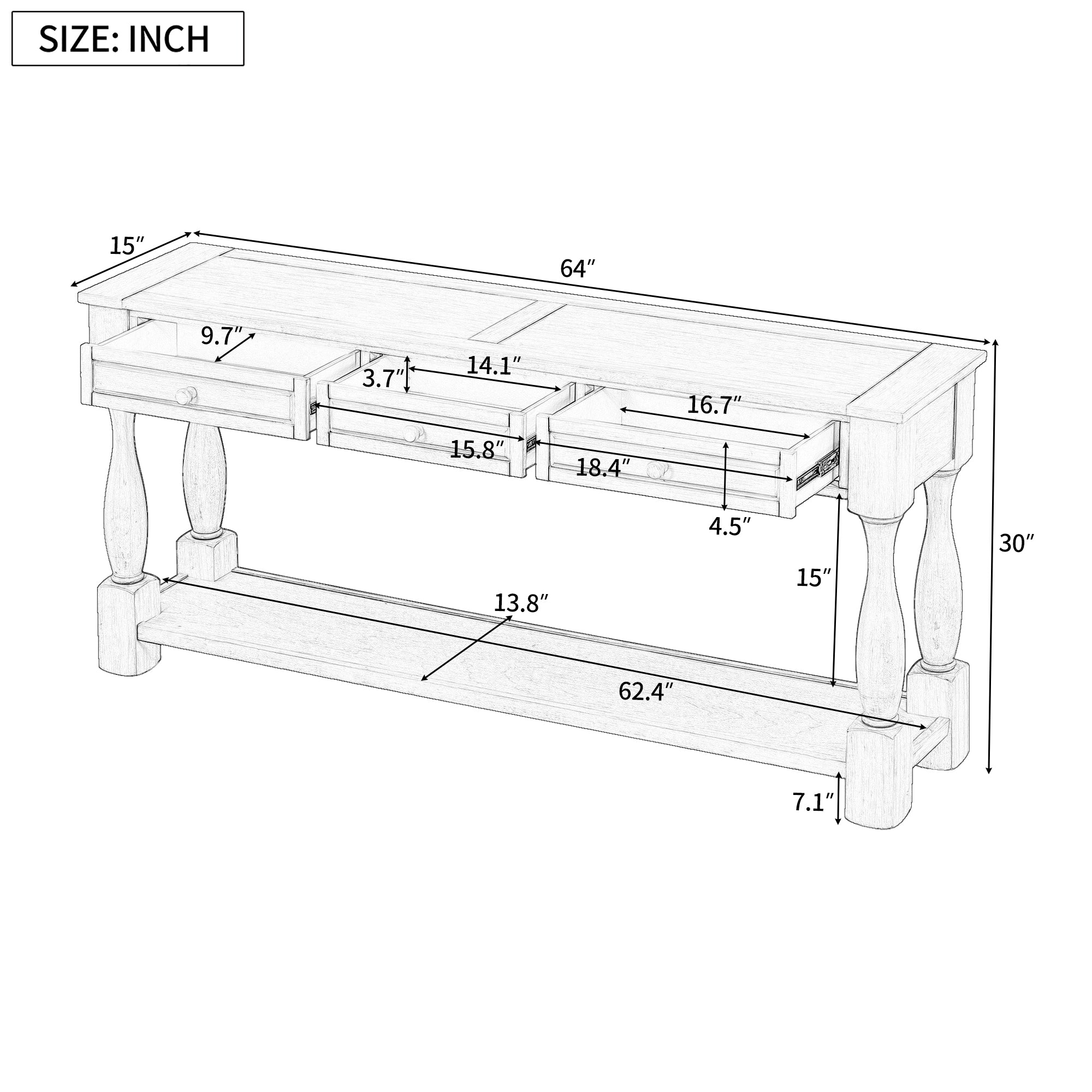 Royard Oaktree 64 Long Console Table Extra-thick Sofa Table with Three Storage Drawers and Open Shelf Retro Entryway Accent Table Wood Narrow Side Table for Living Room Hallway