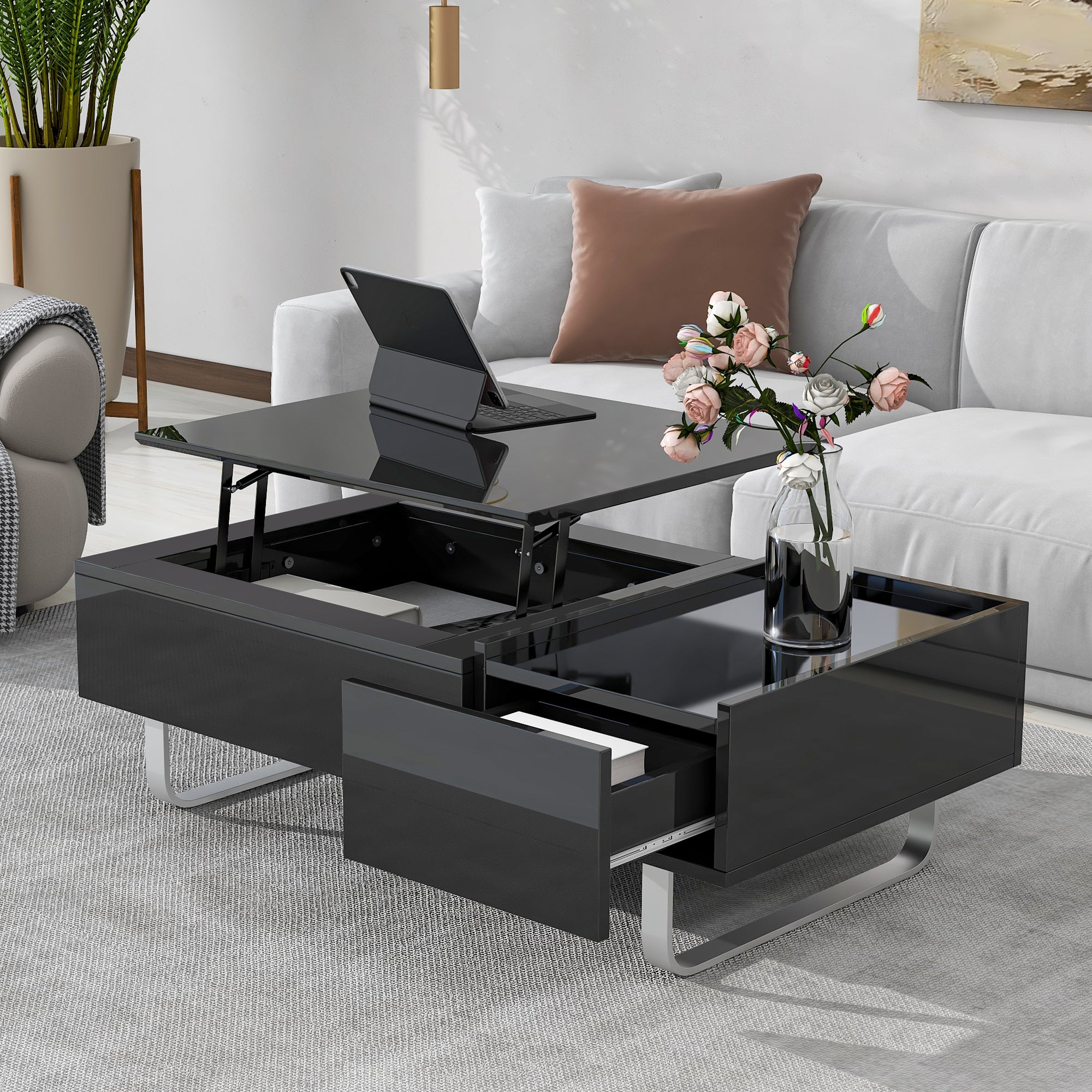 Royard Oaktree Coffee Table with Lifted Tabletop Multi-functional Wood Coffee Table with Hidden Compartment and Storage Drawer Modern High-gloss Cocktail Table for Living Room Office