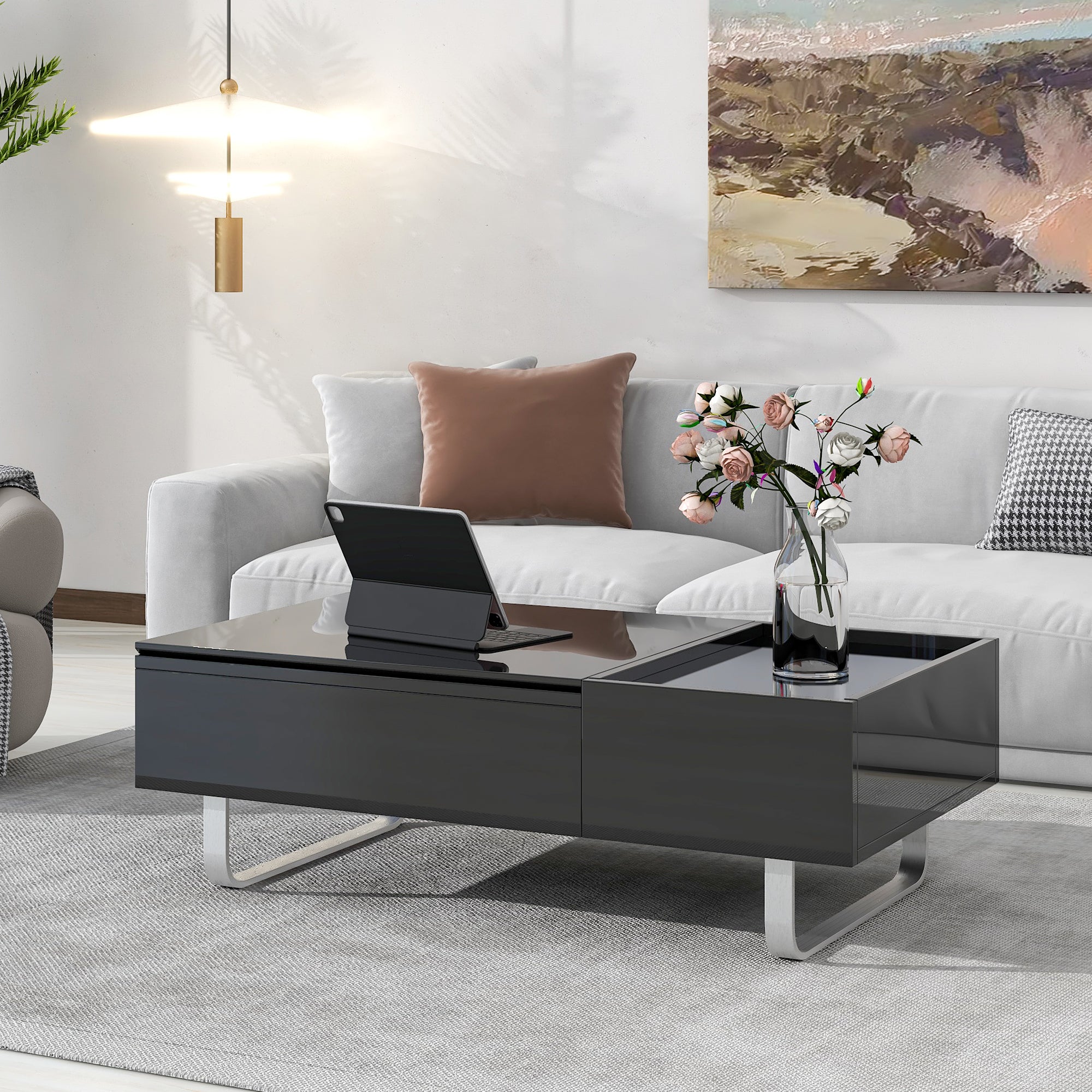 Royard Oaktree Coffee Table with Lifted Tabletop Multi-functional Wood Coffee Table with Hidden Compartment and Storage Drawer Modern High-gloss Cocktail Table for Living Room Office