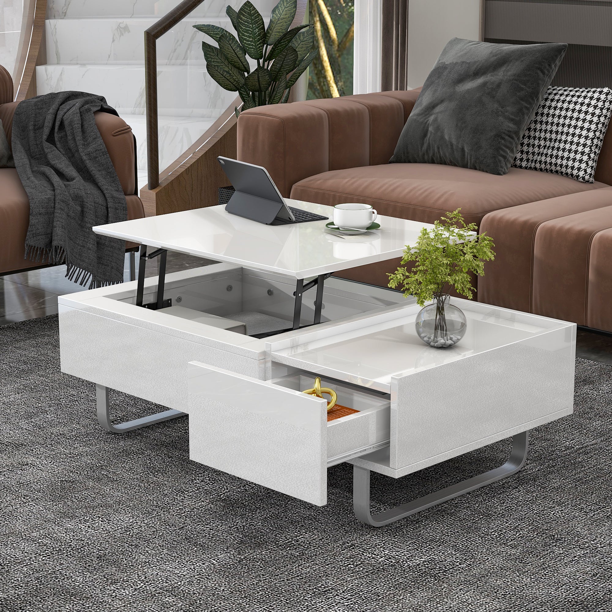 Royard Oaktree Coffee Table with Lifted Tabletop Multi-functional Wood Coffee Table with Hidden Compartment and Storage Drawer Modern High-gloss Cocktail Table for Living Room Office