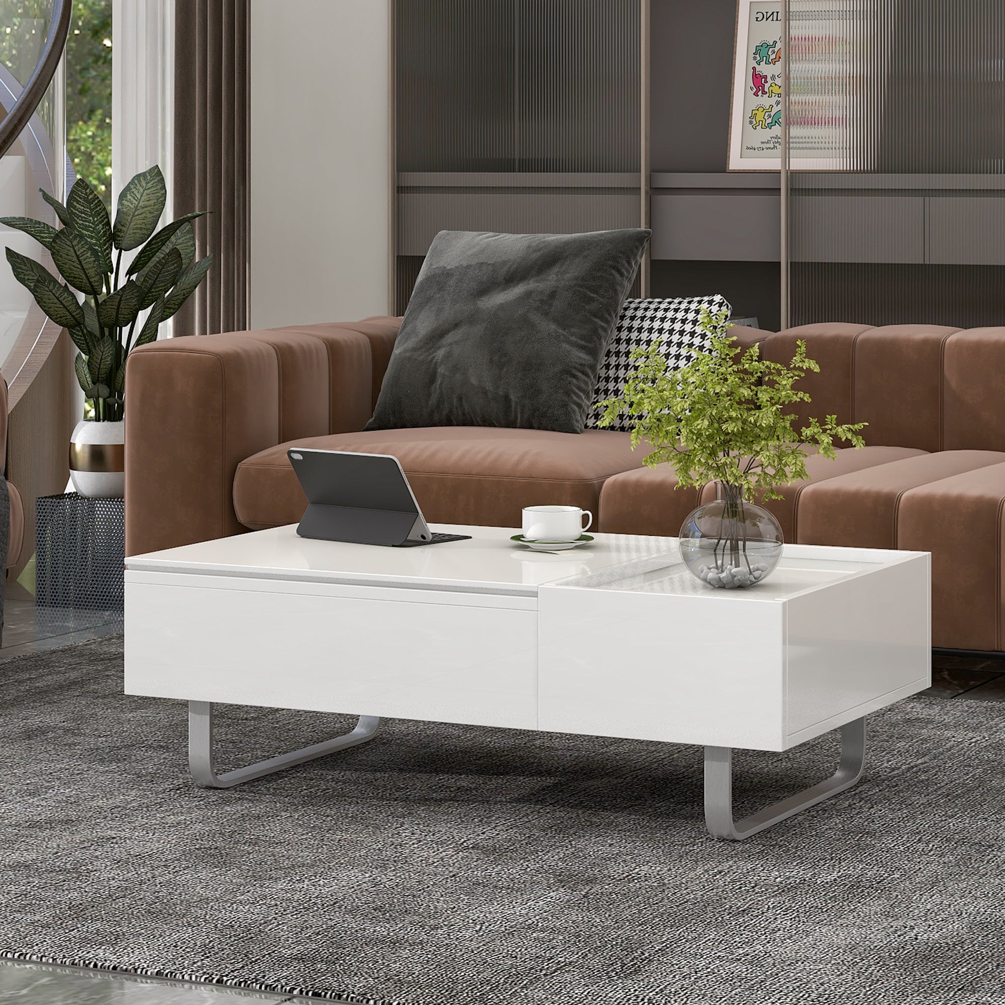 Royard Oaktree Coffee Table with Lifted Tabletop Multi-functional Wood Coffee Table with Hidden Compartment and Storage Drawer Modern High-gloss Cocktail Table for Living Room Office