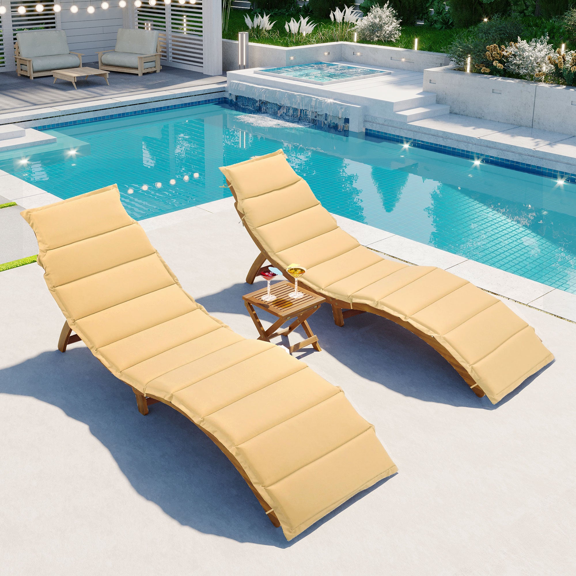 Royard Oaktree Patio Lounge Chair Set of 3 Wood Folding Chaise Lounge Set with Foldable Side Table Outdoor Portable Extended Sun Lounge Chair with Cushion for Poolside Lawn Backyard