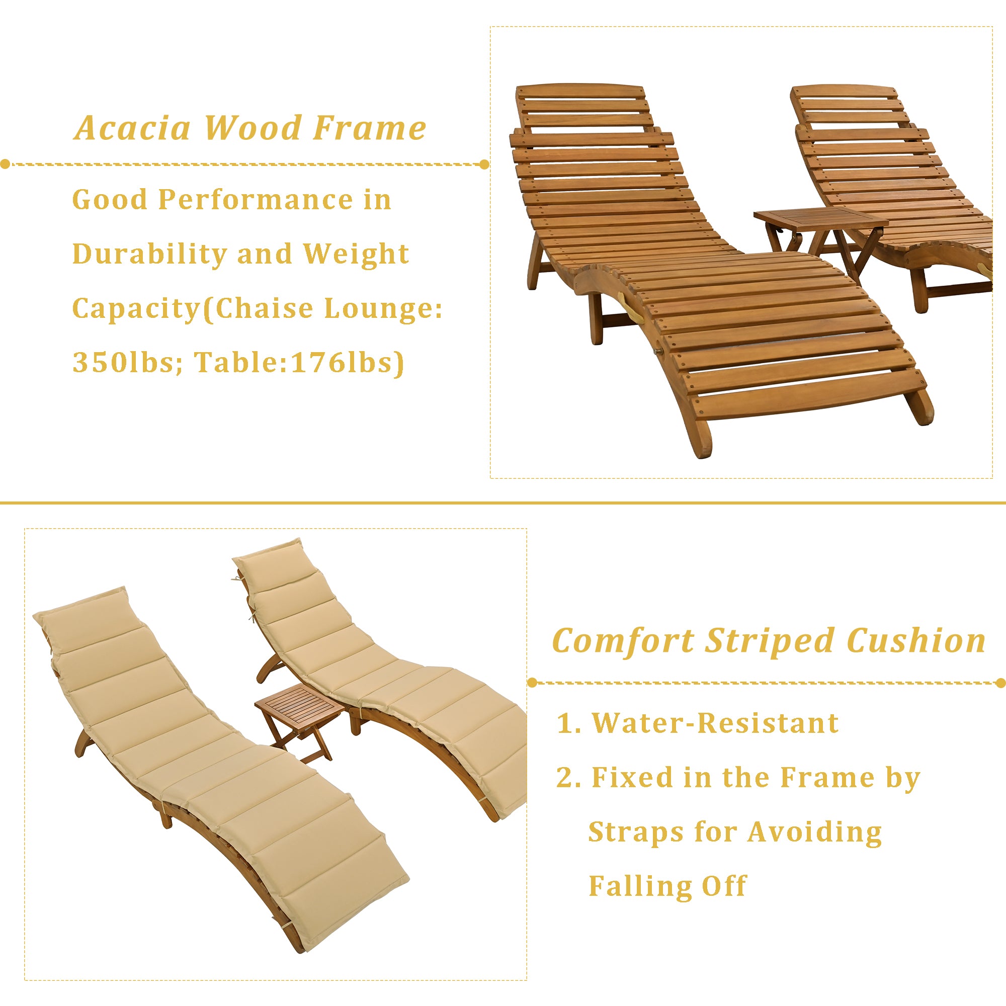 Royard Oaktree Patio Lounge Chair Set of 3 Wood Folding Chaise Lounge Set with Foldable Side Table Outdoor Portable Extended Sun Lounge Chair with Cushion for Poolside Lawn Backyard