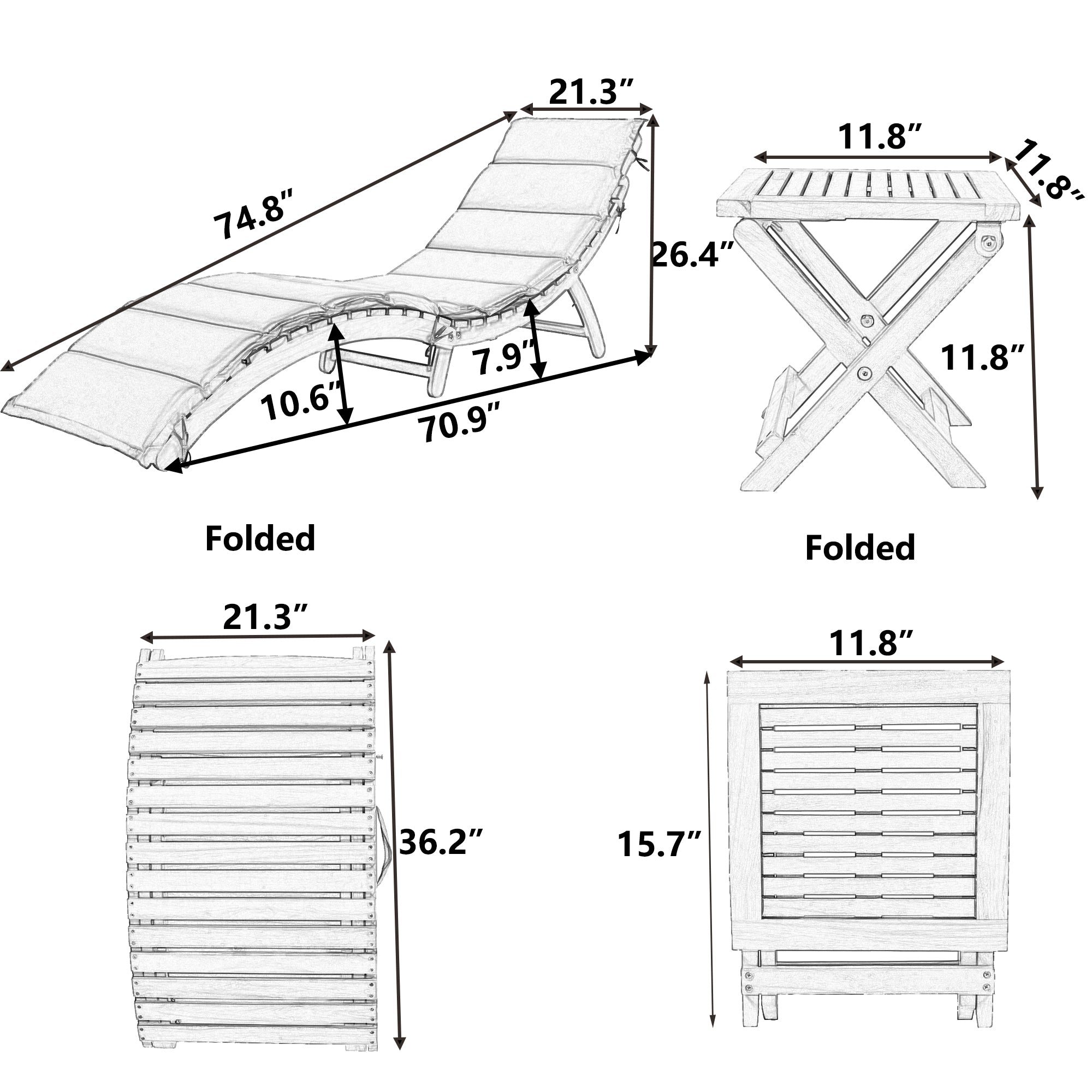 Royard Oaktree Patio Lounge Chair Set of 3 Wood Folding Chaise Lounge Set with Foldable Side Table Outdoor Portable Extended Sun Lounge Chair with Cushion for Poolside Lawn Backyard