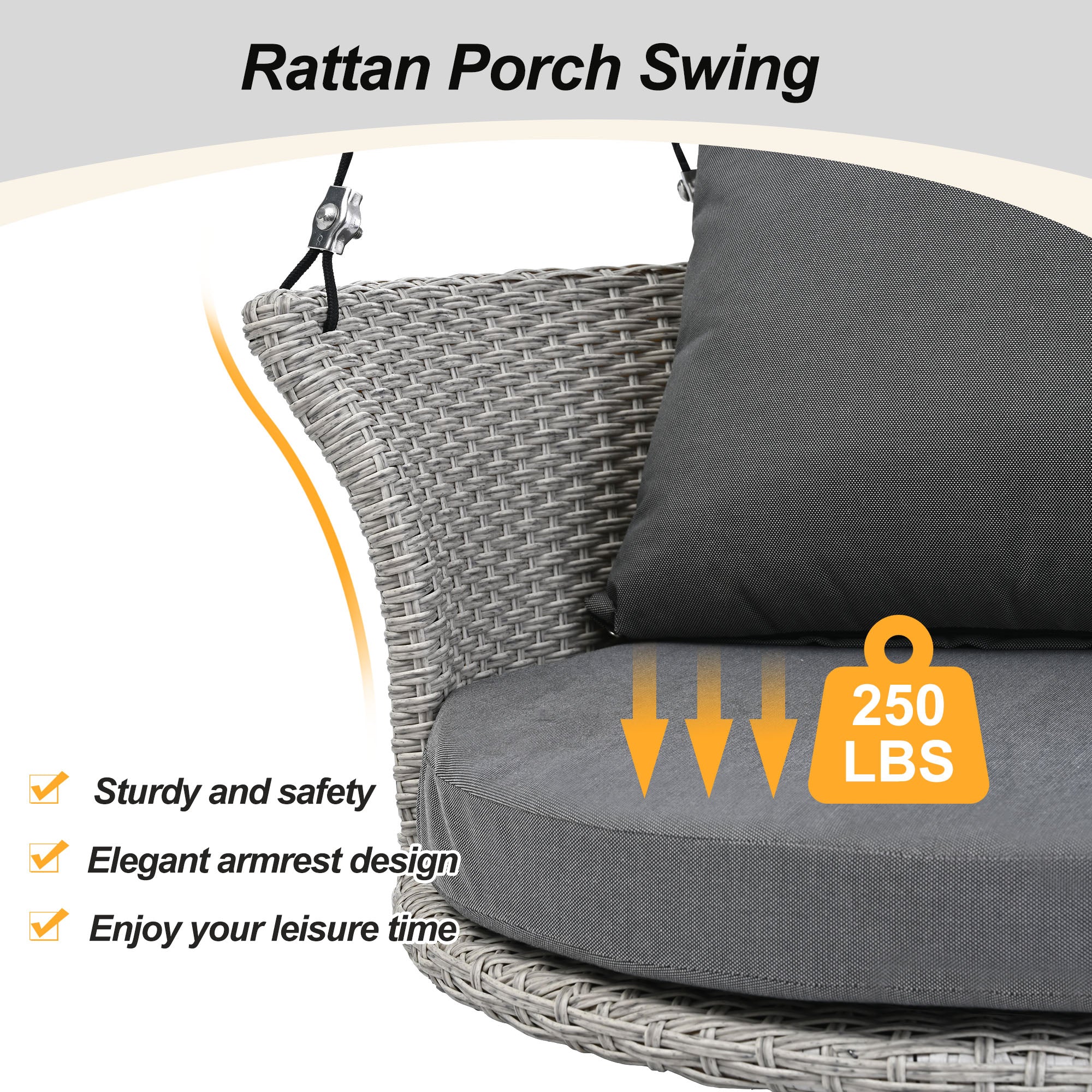 Royard Oaktree Round Wicker Porch Swing Patio Single Person Hanging Swing Chair with Adjustable Ropes Outdoor Rattan Swing Bench with Cushions for Backyard Garden