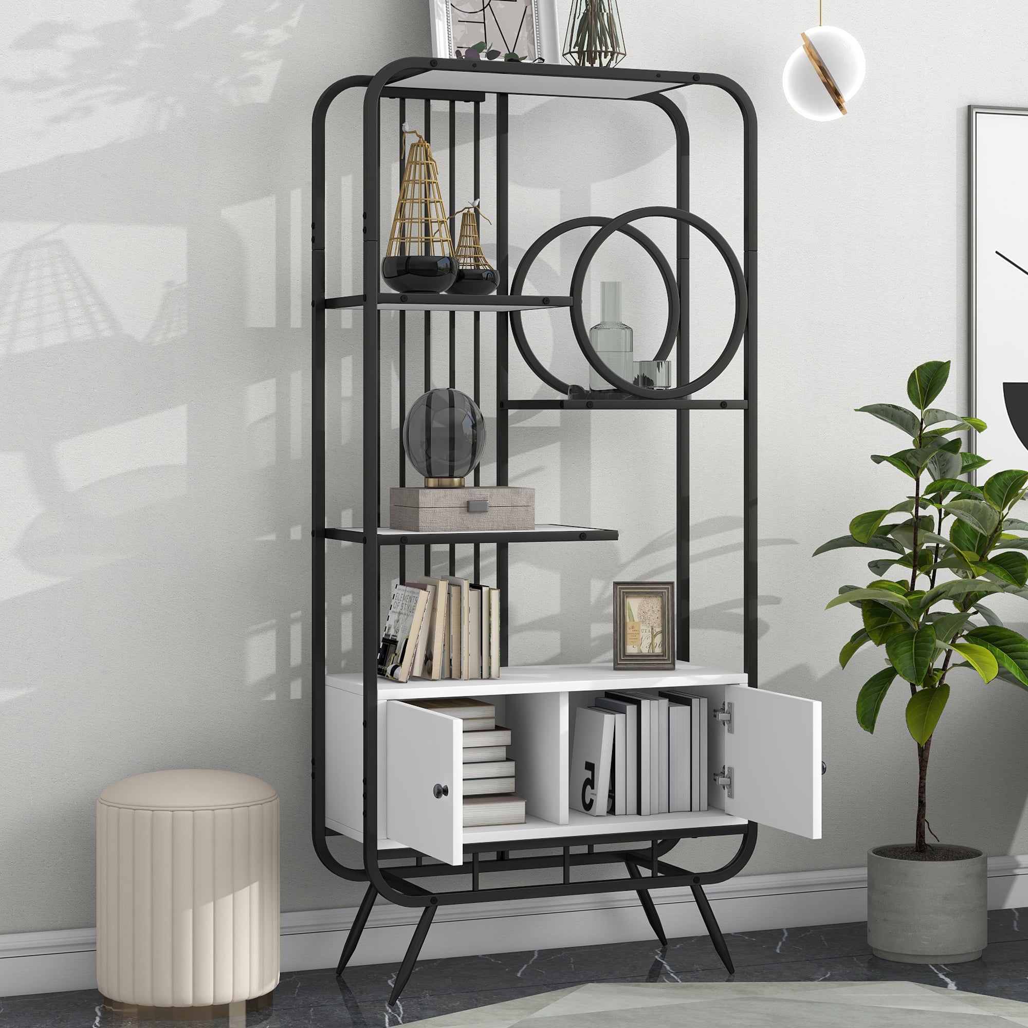 Royard Oaktree Bookcase with Doors and 4-Tier Open Shelves Modern Bookshelf with Gold Black Frame and White Wood Cabinet Large Display Storage Shelf for Living Room Bedroom Home Office