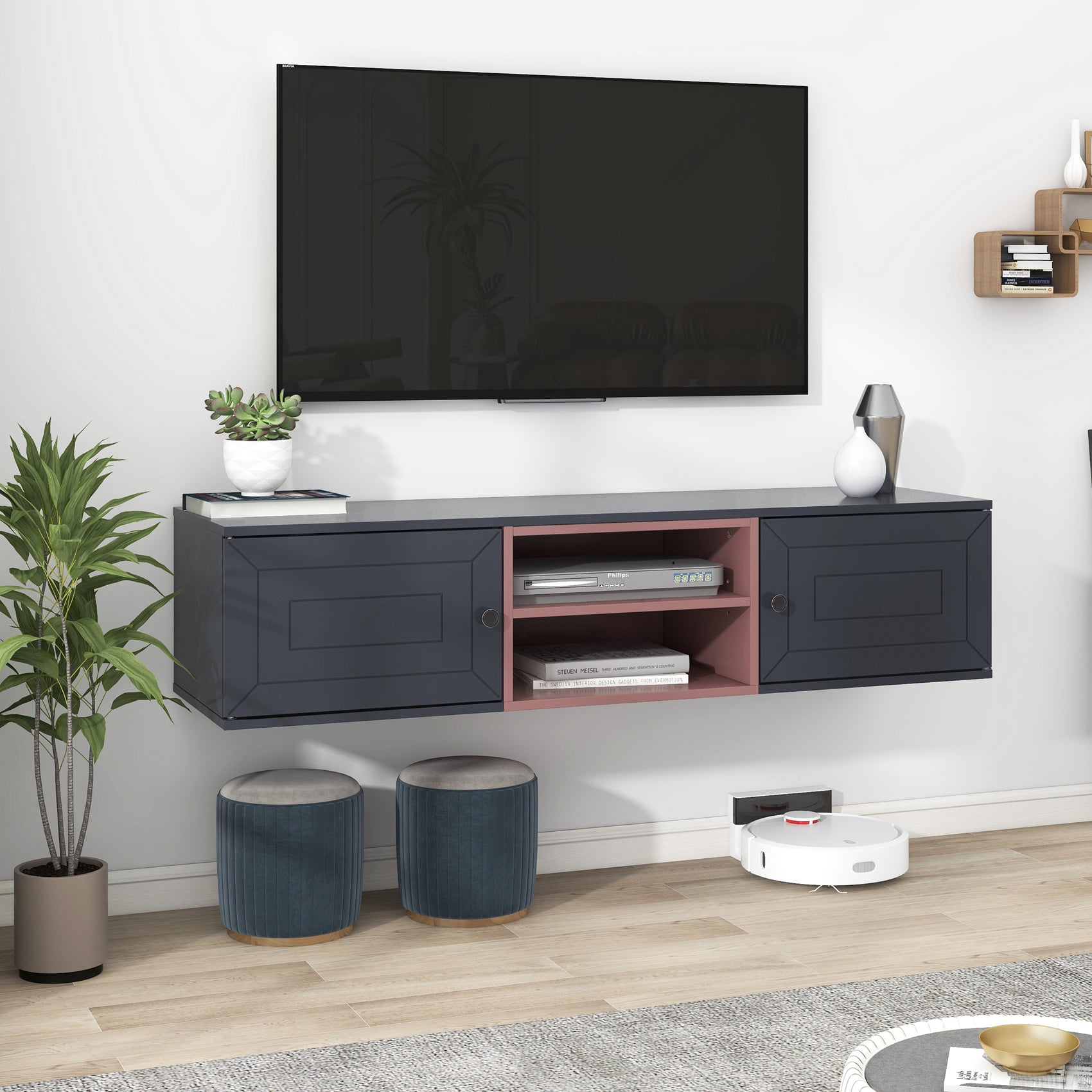 Royard Oaktree Floating TV Stand Wall Mounted TV Stand for TVs Up to 65 Modern Entertainment Center with 2 Storage Cabinet & Adjustable Shelf Wood Media Console TV Bench for Living Room