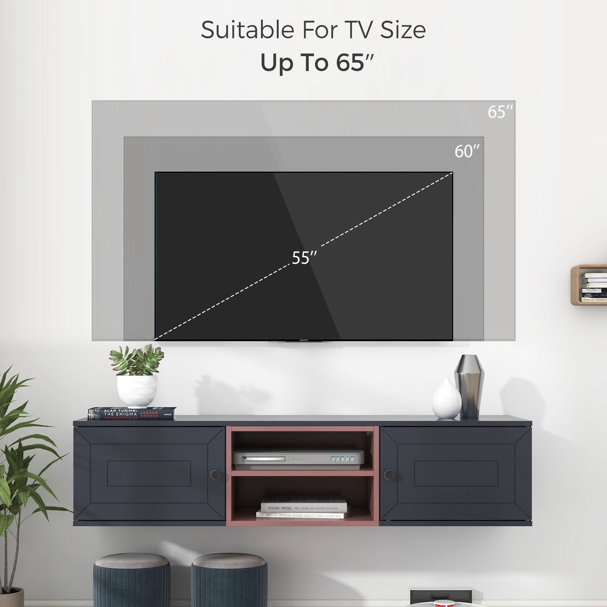 Royard Oaktree Floating TV Stand Wall Mounted TV Stand for TVs Up to 65 Modern Entertainment Center with 2 Storage Cabinet & Adjustable Shelf Wood Media Console TV Bench for Living Room