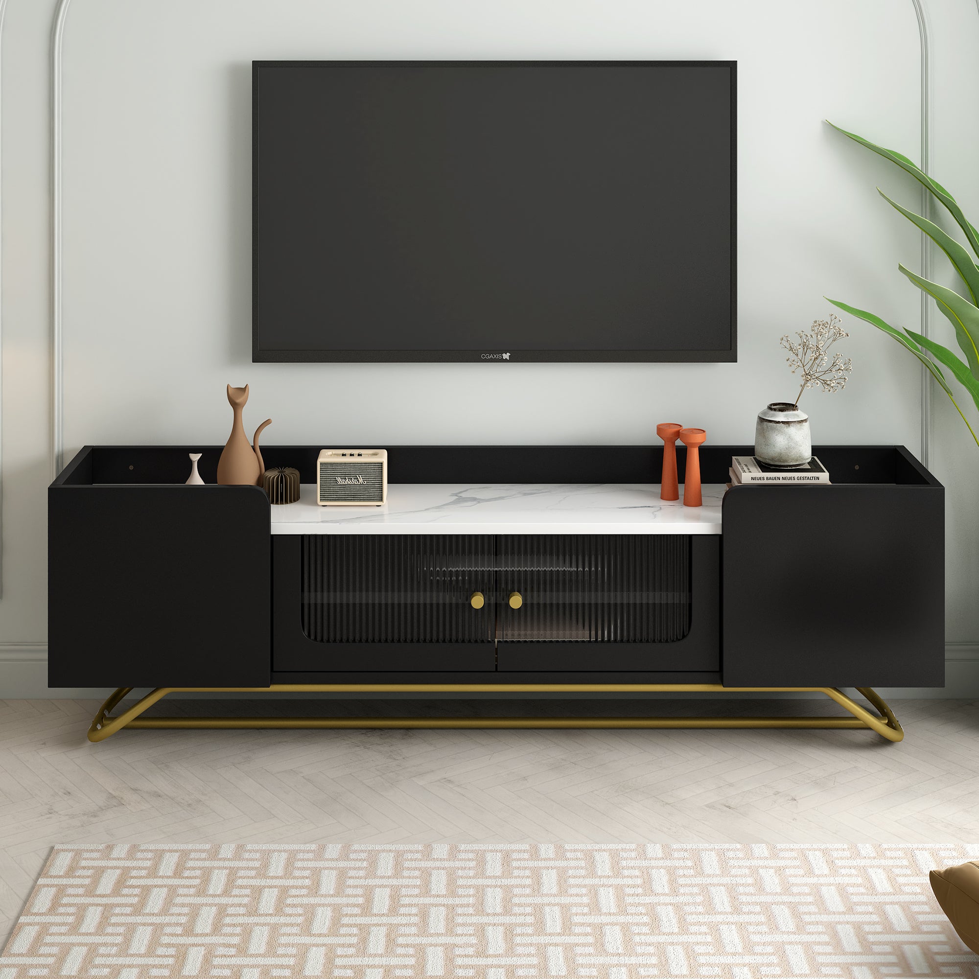 Royard Oaktree TV Stand for TVs Up to 65 Modern Entertainment Center with White Faux Marble Top and Fluted Glass Door Wood TV Media Console Table with Gold Metal Base for Living Room Bedroom