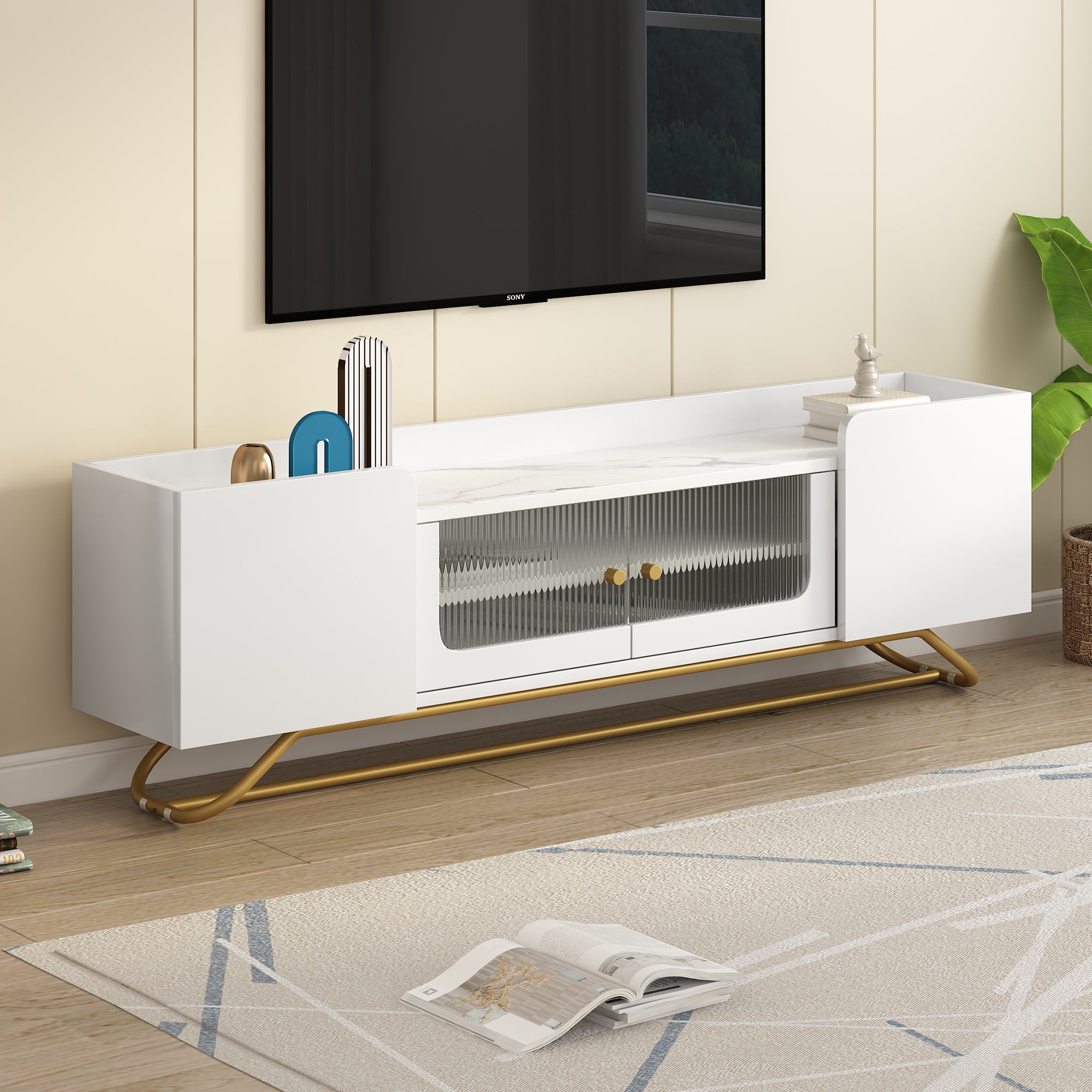 Royard Oaktree TV Stand for TVs Up to 65 Modern Entertainment Center with White Faux Marble Top and Fluted Glass Door Wood TV Media Console Table with Gold Metal Base for Living Room Bedroom