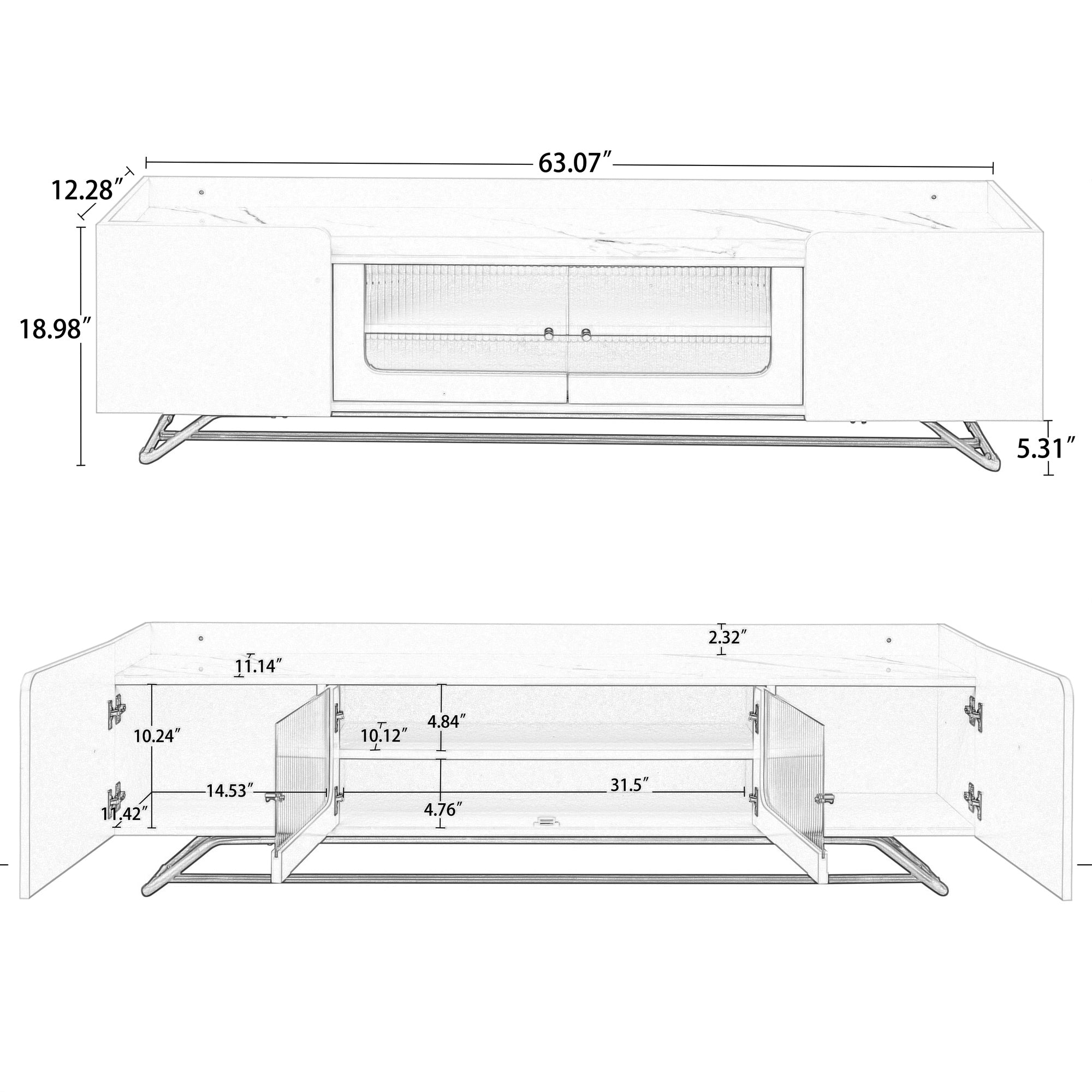 Royard Oaktree TV Stand for TVs Up to 65 Modern Entertainment Center with White Faux Marble Top and Fluted Glass Door Wood TV Media Console Table with Gold Metal Base for Living Room Bedroom