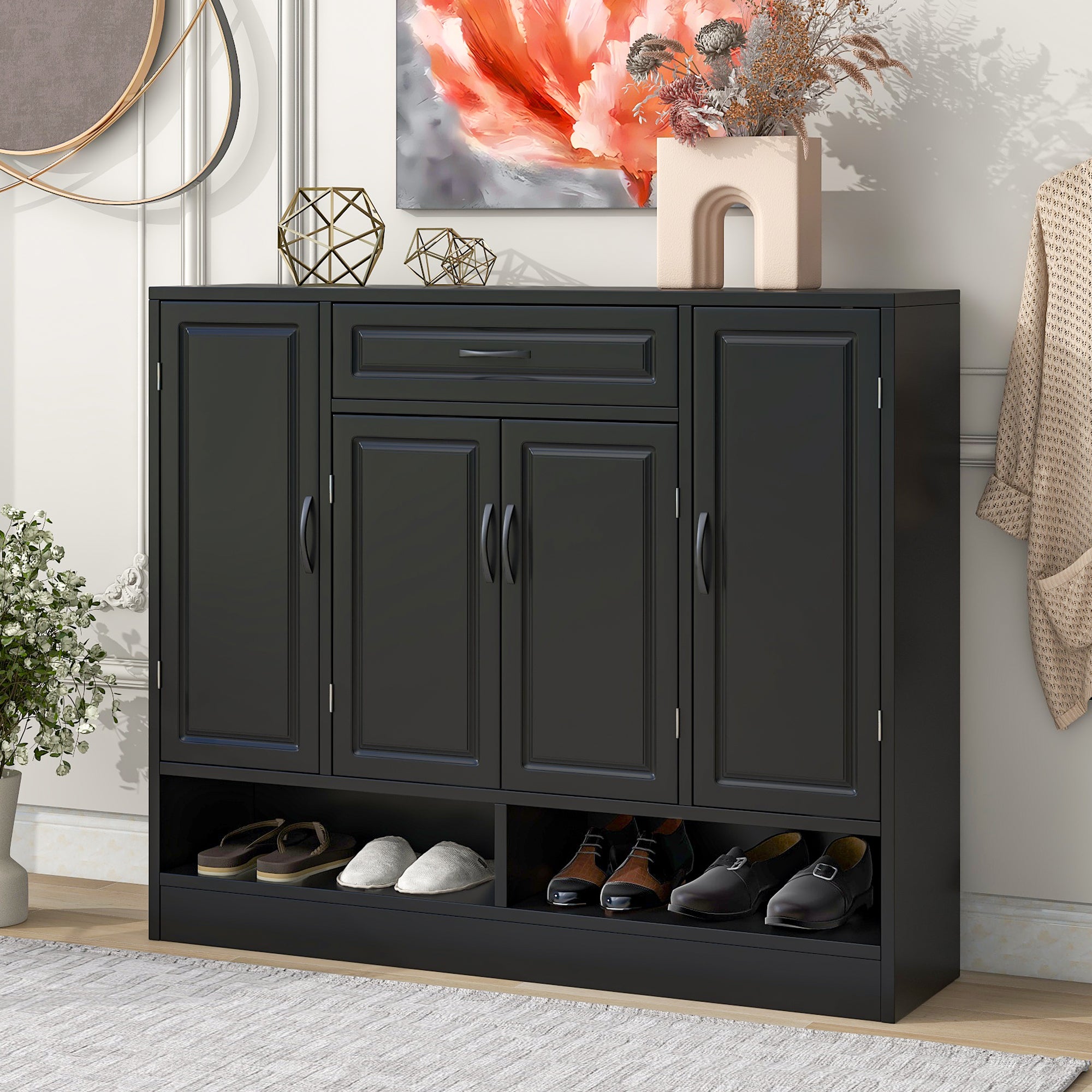 Royard Oaktree Wide Shoe Cabinet Freestanding Shoe Rack Organizer with 1 Drawer, 4 Doors, and Adjustable Shelves Transitional Wood Narrow Storage Cabinet for Entryway Bathroom Home Office