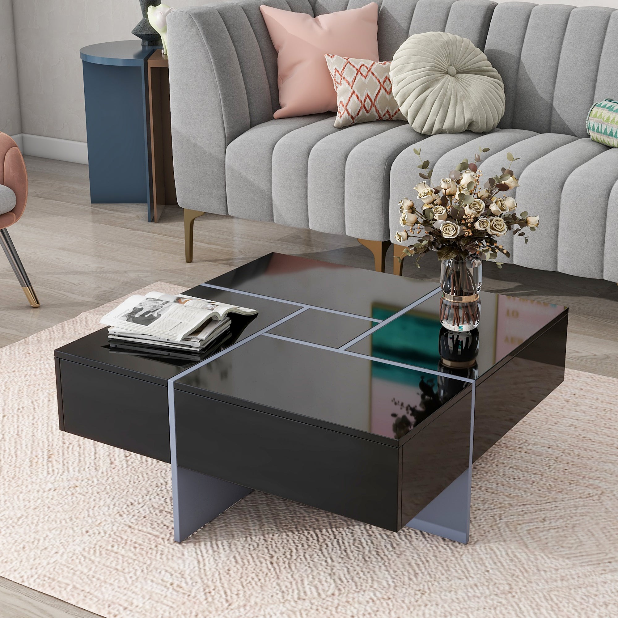 Royard Oaktree Square Coffee Table with 4 Hidden Storage Compartments Modern Center Table with Extendable Sliding Tabletop High-gloss Wood Accent Table for Living Room Home Office