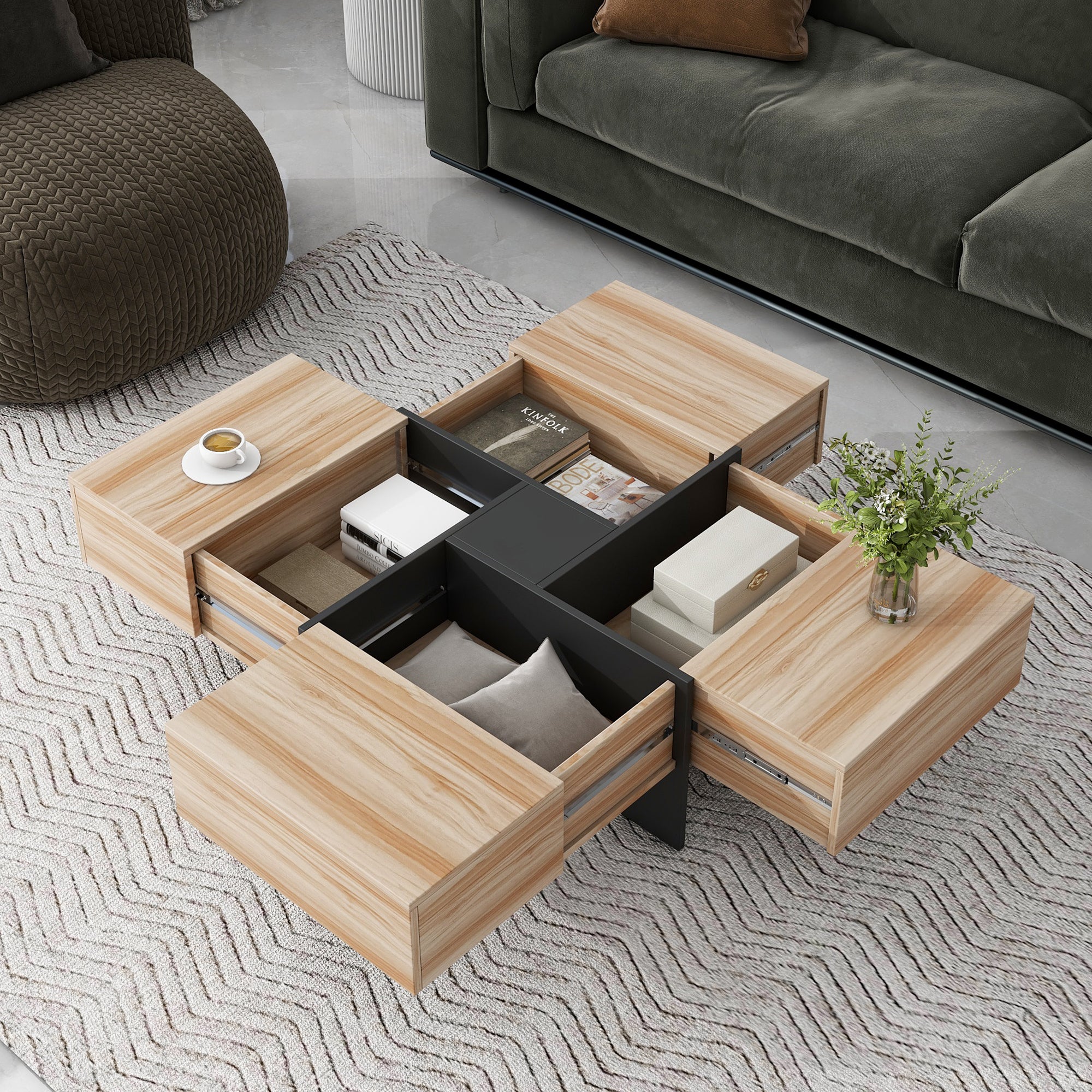 Royard Oaktree Square Coffee Table with 4 Hidden Storage Compartments Modern Center Table with Extendable Sliding Tabletop High-gloss Wood Accent Table for Living Room Home Office