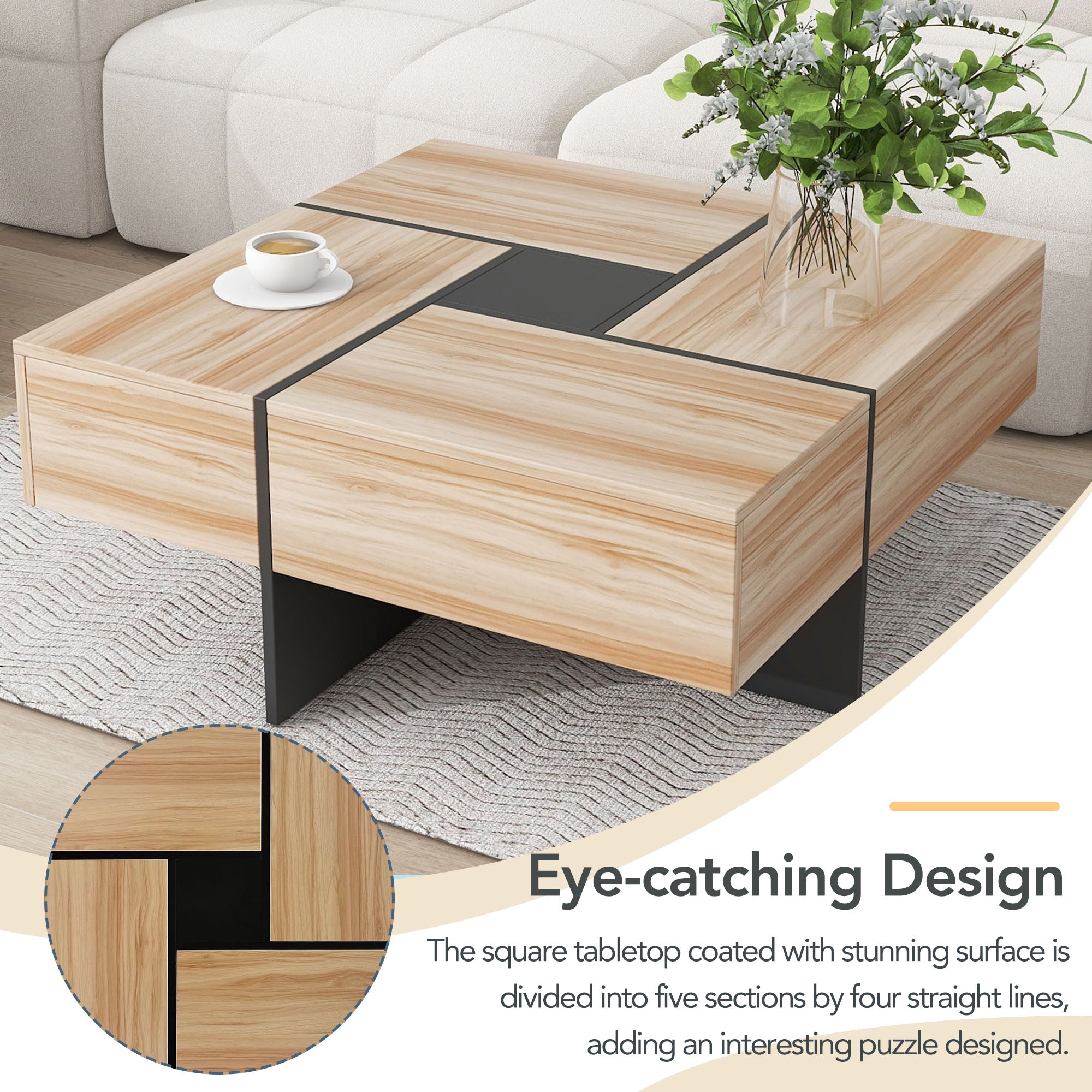 Royard Oaktree Square Coffee Table with 4 Hidden Storage Compartments Modern Center Table with Extendable Sliding Tabletop High-gloss Wood Accent Table for Living Room Home Office