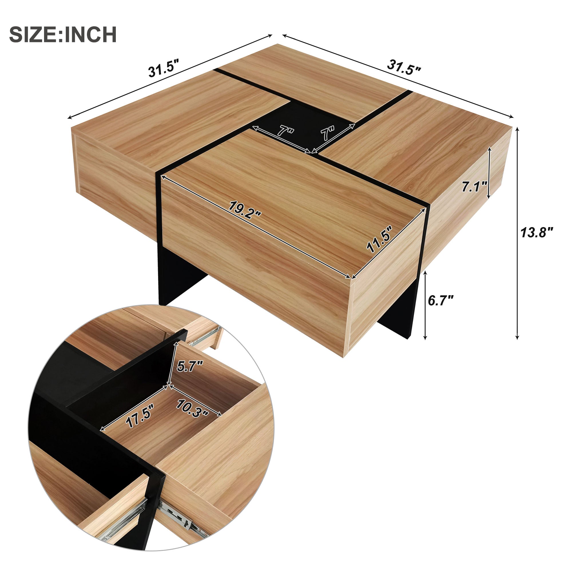 Royard Oaktree Square Coffee Table with 4 Hidden Storage Compartments Modern Center Table with Extendable Sliding Tabletop High-gloss Wood Accent Table for Living Room Home Office