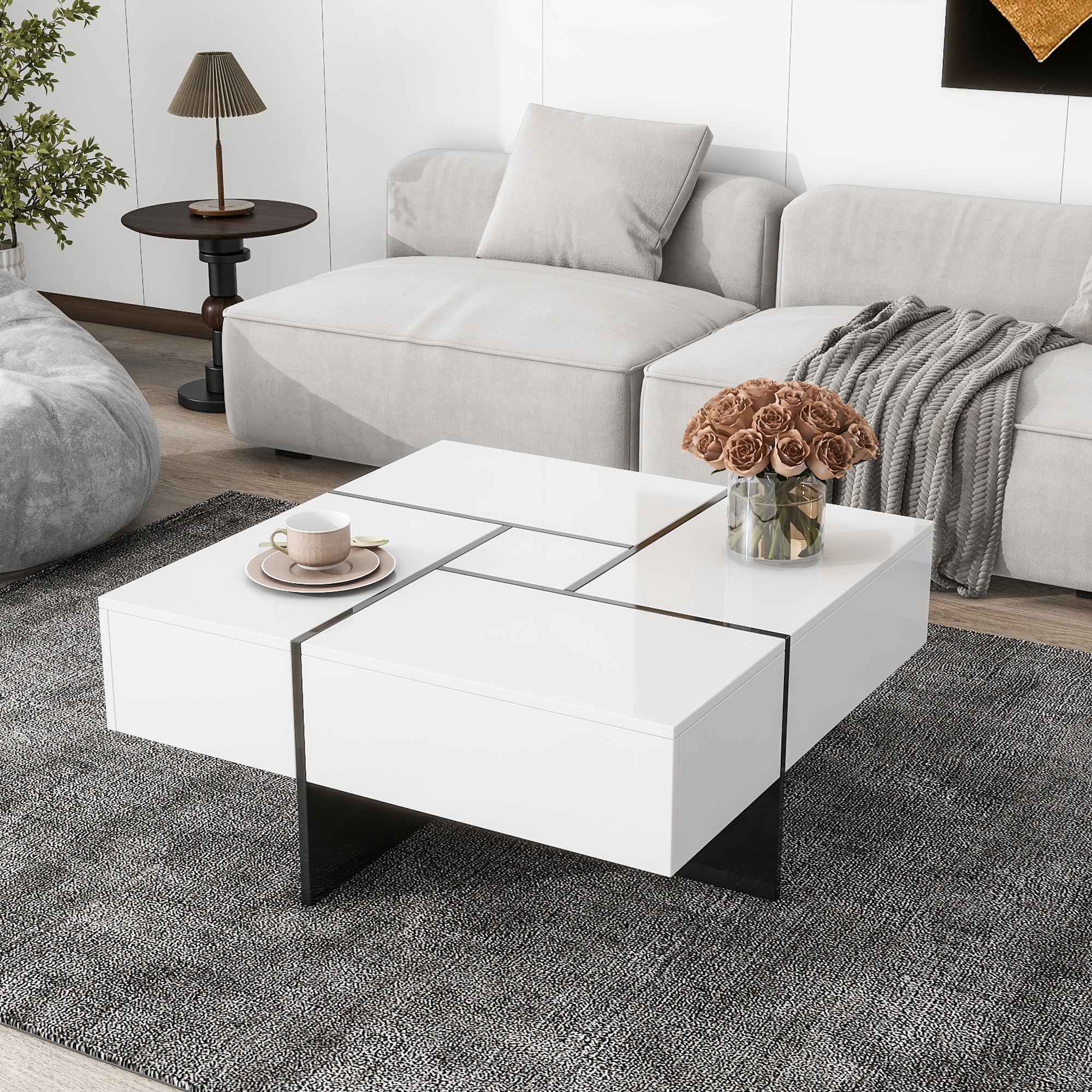 Royard Oaktree Square Coffee Table with 4 Hidden Storage Compartments Modern Center Table with Extendable Sliding Tabletop High-gloss Wood Accent Table for Living Room Home Office