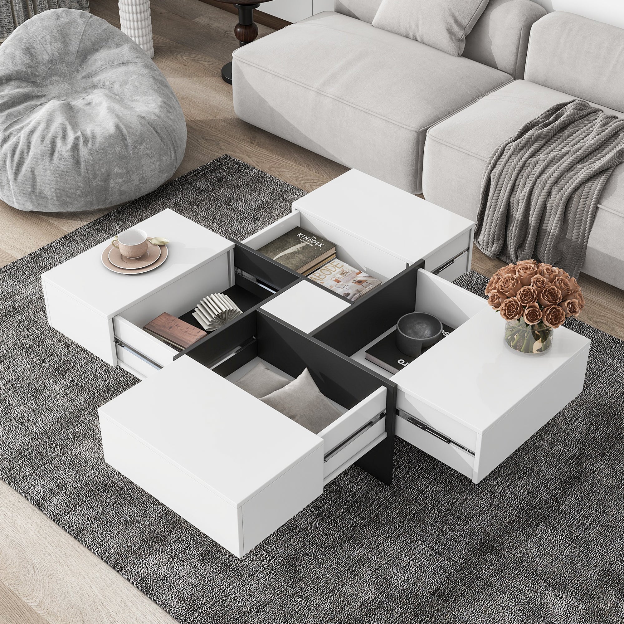 Royard Oaktree Square Coffee Table with 4 Hidden Storage Compartments Modern Center Table with Extendable Sliding Tabletop High-gloss Wood Accent Table for Living Room Home Office