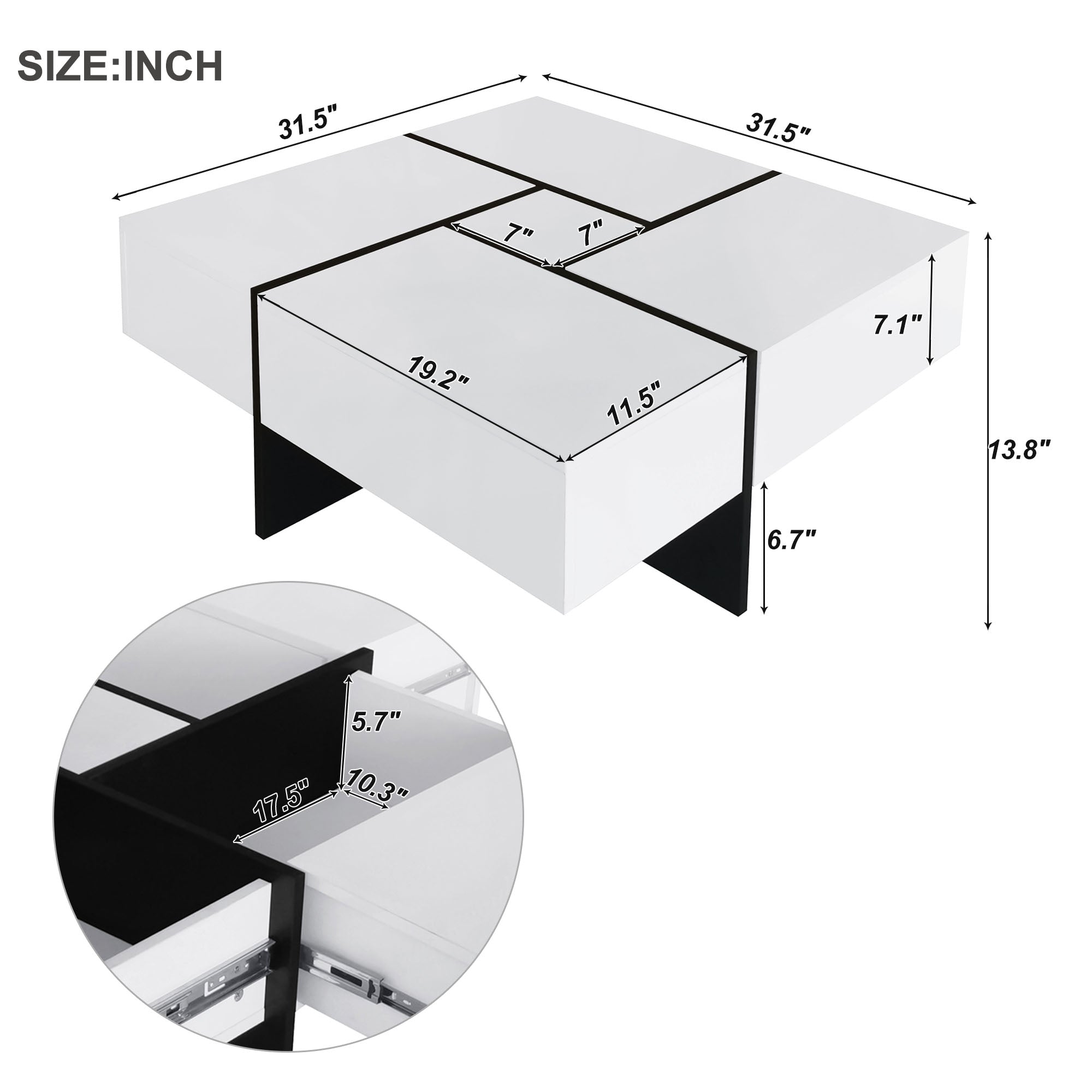 Royard Oaktree Square Coffee Table with 4 Hidden Storage Compartments Modern Center Table with Extendable Sliding Tabletop High-gloss Wood Accent Table for Living Room Home Office