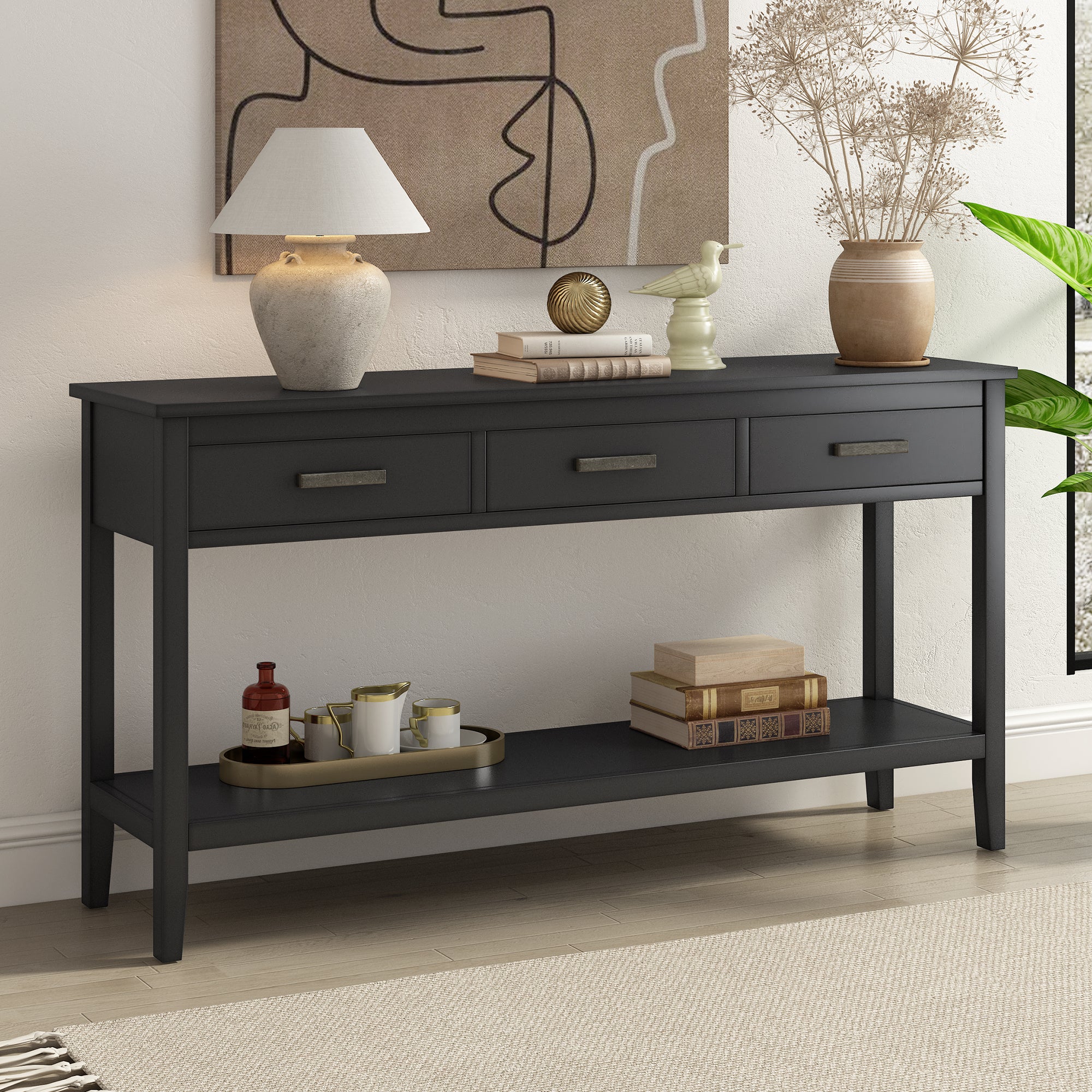 Royard Oaktree Console Table 59 Long Console Table with 3 Drawers and Open Shelf Contemporary Entryway Table Entrance Table Wood Narrow Sofa Side Table for Living Room Hallway Foyer Corridor