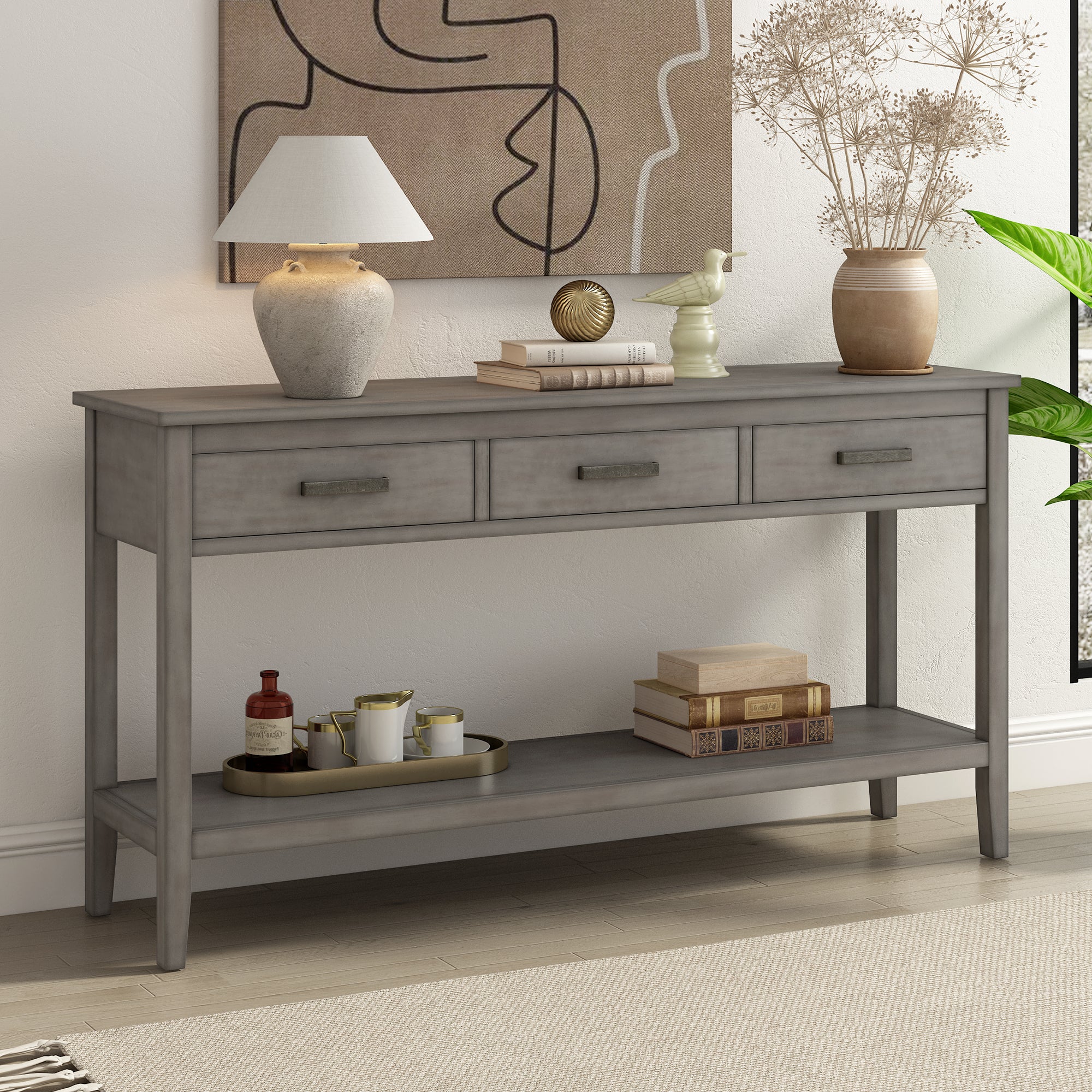 Royard Oaktree Console Table 59 Long Console Table with 3 Drawers and Open Shelf Contemporary Entryway Table Entrance Table Wood Narrow Sofa Side Table for Living Room Hallway Foyer Corridor