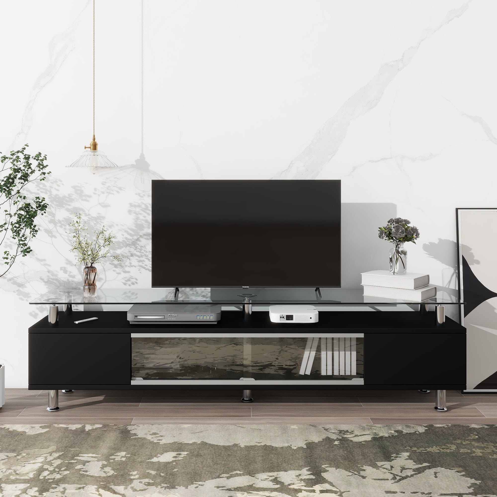 Royard Oaktree TV Stand for TVs up to 70 Sleek Design TV Stand with Tempered Glass Top Shelf Modern High Gloss Wood Entertainment Media Center with Two Storage Drawers and Cabinet