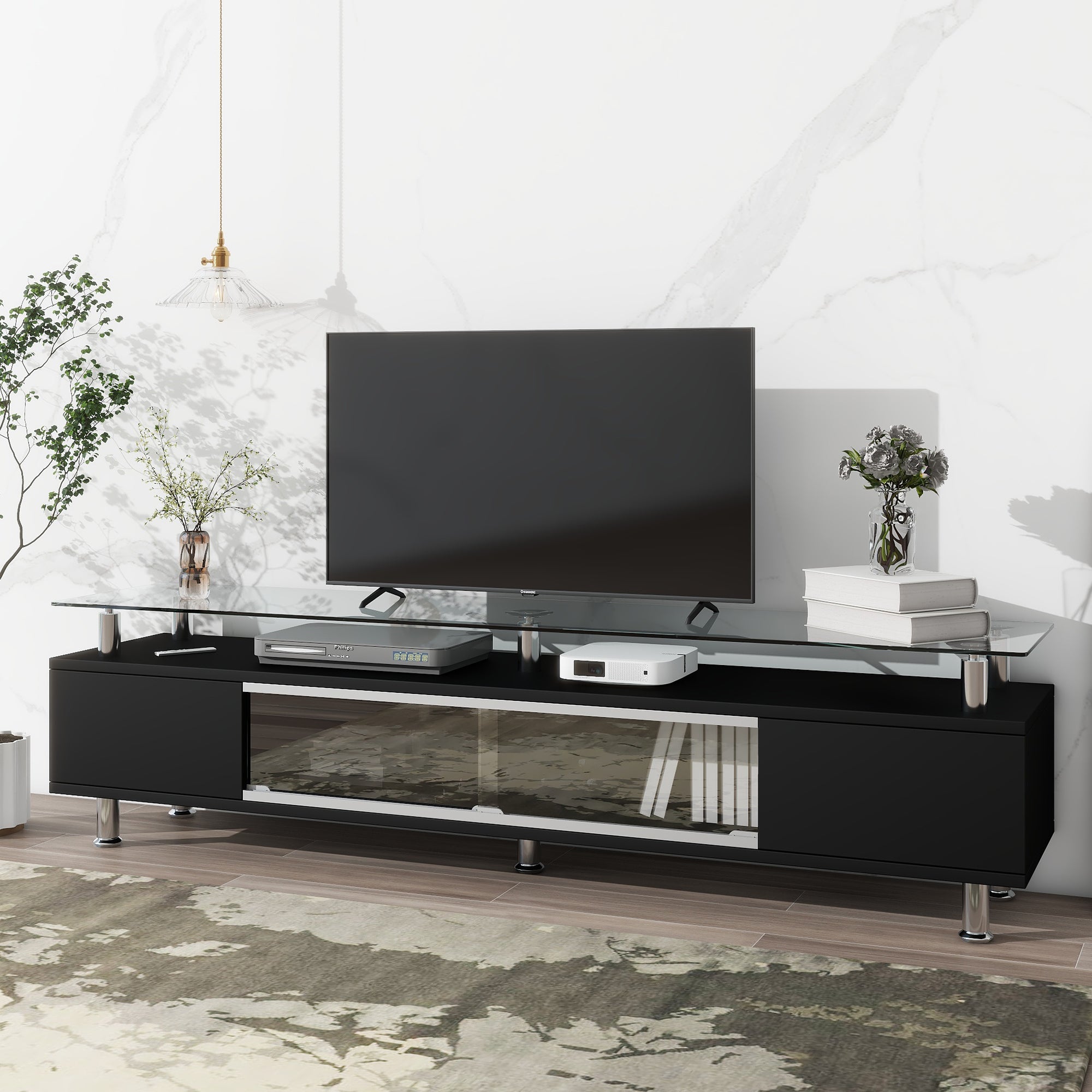 Royard Oaktree TV Stand for TVs up to 70 Sleek Design TV Stand with Tempered Glass Top Shelf Modern High Gloss Wood Entertainment Media Center with Two Storage Drawers and Cabinet