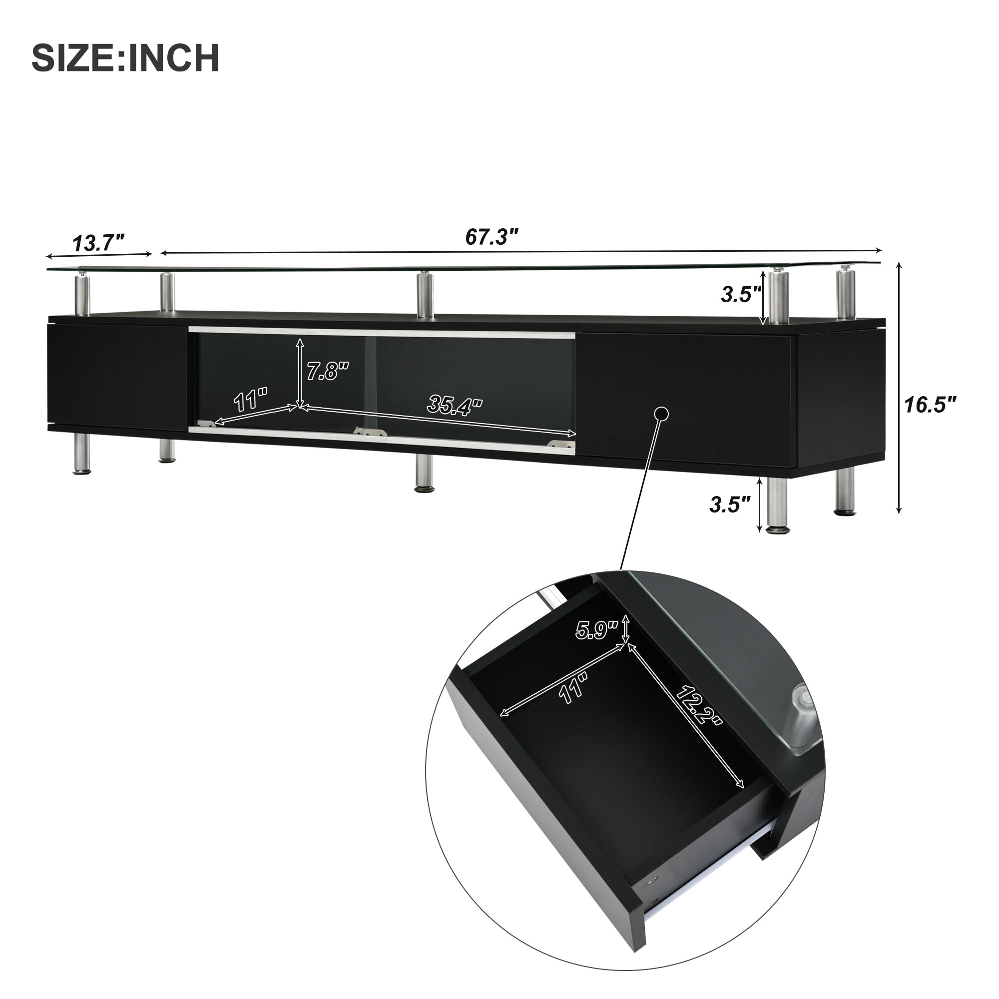 Royard Oaktree TV Stand for TVs up to 70 Sleek Design TV Stand with Tempered Glass Top Shelf Modern High Gloss Wood Entertainment Media Center with Two Storage Drawers and Cabinet