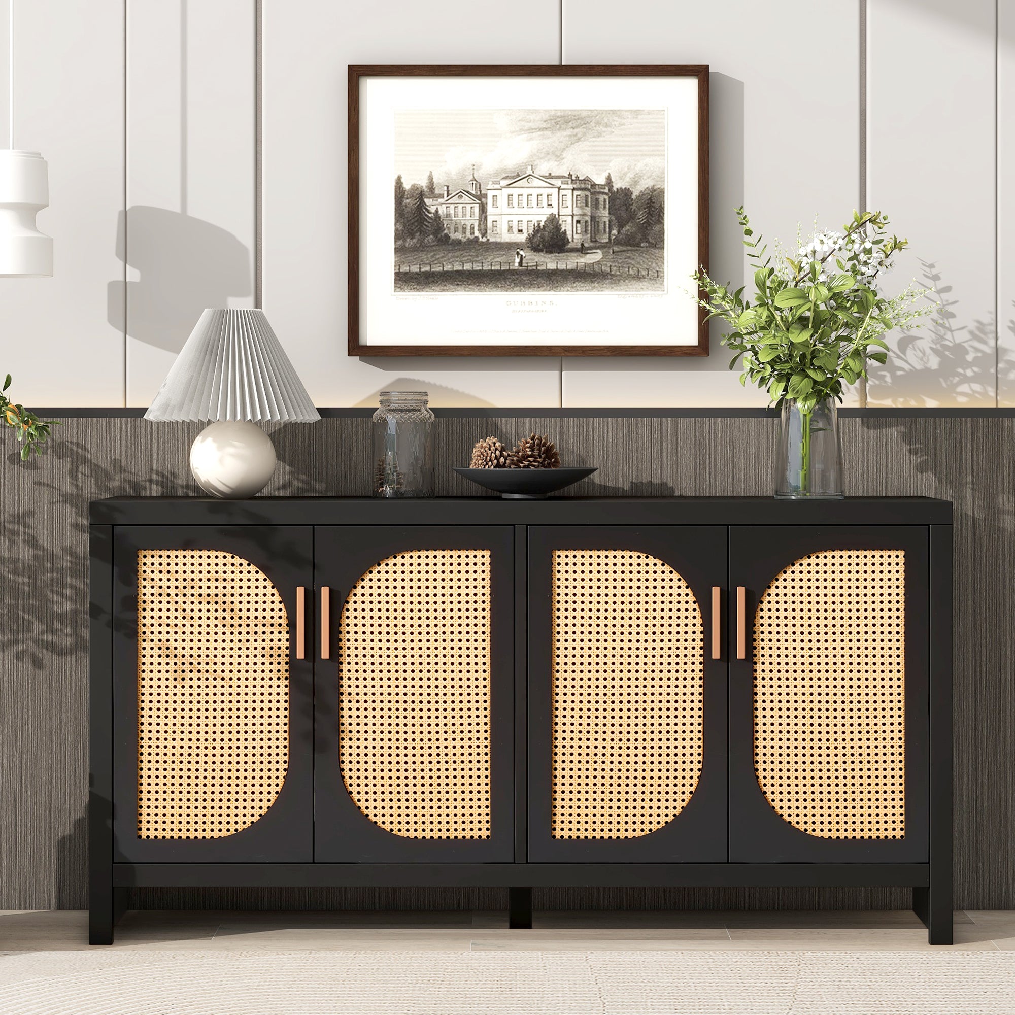 Royard Oaktree Rattan Storage Cabinet with 4 Doors and Adjustable Shelves Boho Style Sideboard Buffet Cabinet with Storage Accent TV Console Kitchen Cabinet Bar Cabinet for Hallway Living Room