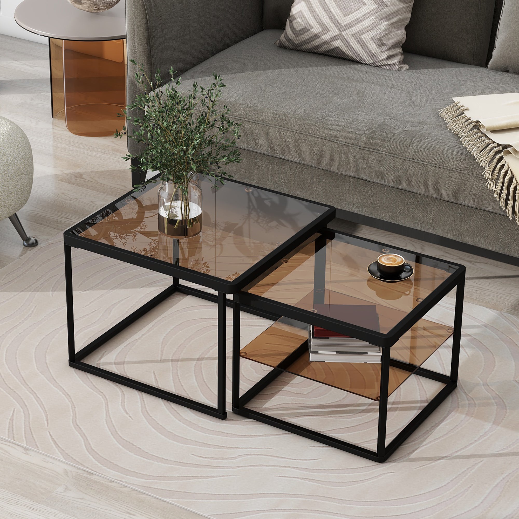 Royard Oaktree Nested Coffee Table Square Coffee Table Set of 2 Modern Center Tables with Brown Tempered Glass Top and Shelf Nested End Tables Stacking Table with Metal Frame