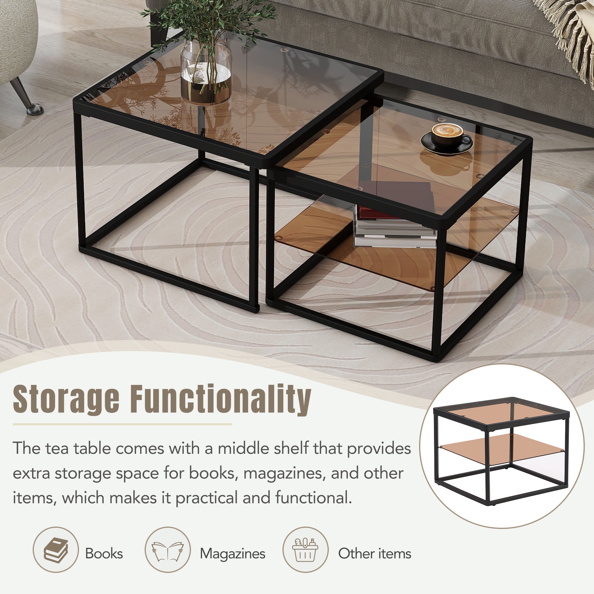 Royard Oaktree Nested Coffee Table Square Coffee Table Set of 2 Modern Center Tables with Brown Tempered Glass Top and Shelf Nested End Tables Stacking Table with Metal Frame