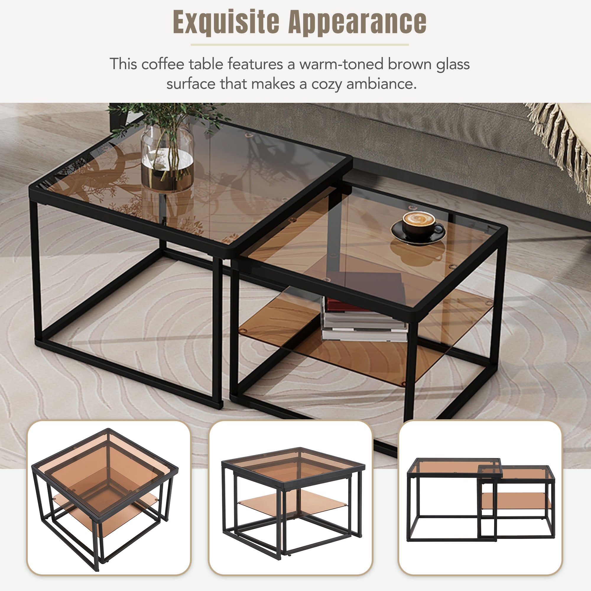 Royard Oaktree Nested Coffee Table Square Coffee Table Set of 2 Modern Center Tables with Brown Tempered Glass Top and Shelf Nested End Tables Stacking Table with Metal Frame