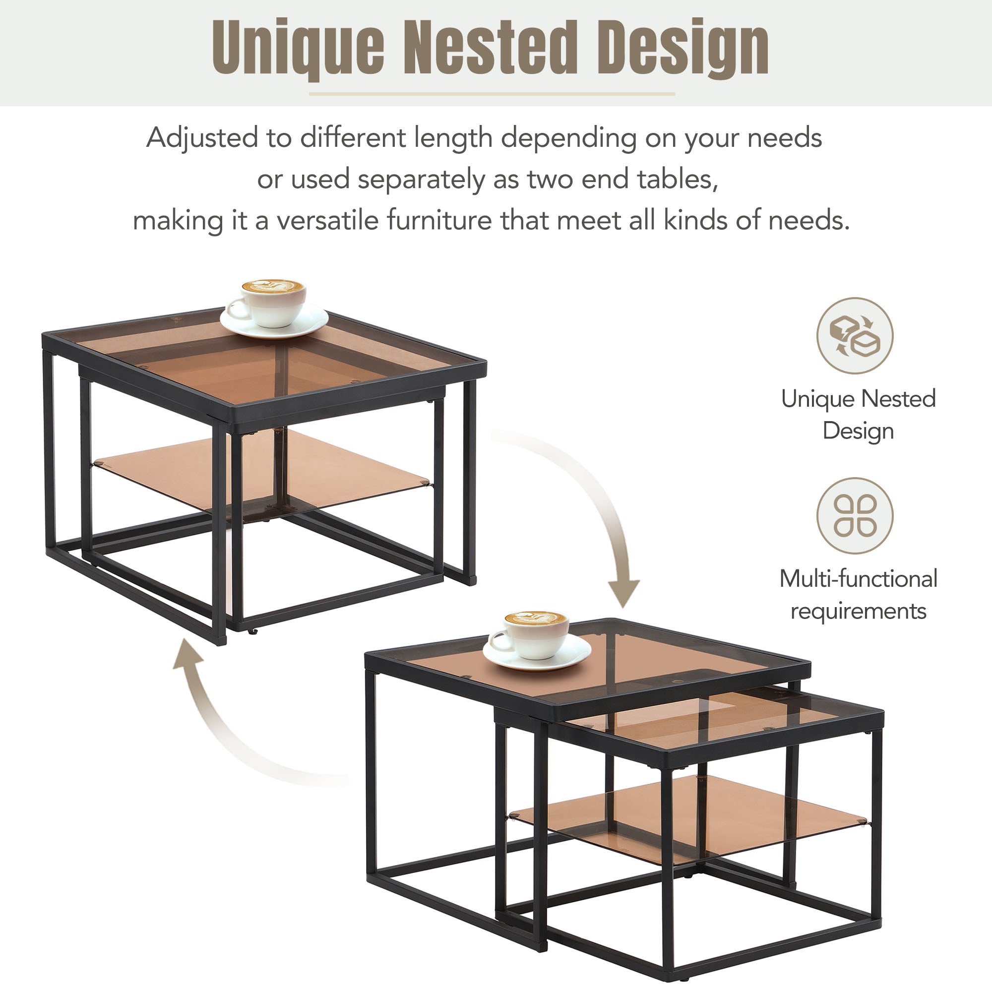 Royard Oaktree Nested Coffee Table Square Coffee Table Set of 2 Modern Center Tables with Brown Tempered Glass Top and Shelf Nested End Tables Stacking Table with Metal Frame