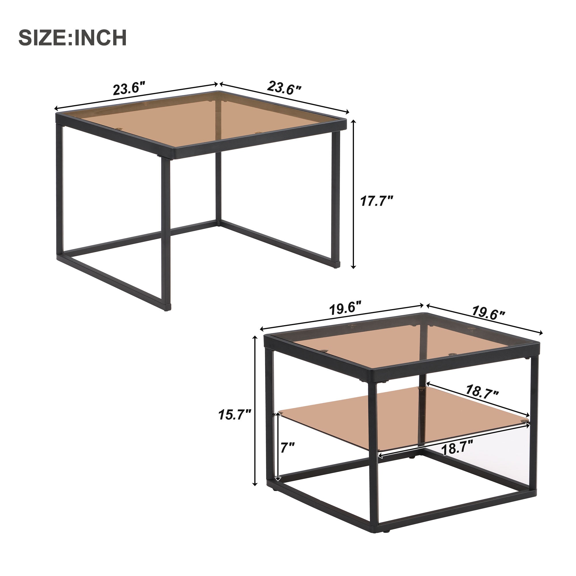 Royard Oaktree Nested Coffee Table Square Coffee Table Set of 2 Modern Center Tables with Brown Tempered Glass Top and Shelf Nested End Tables Stacking Table with Metal Frame