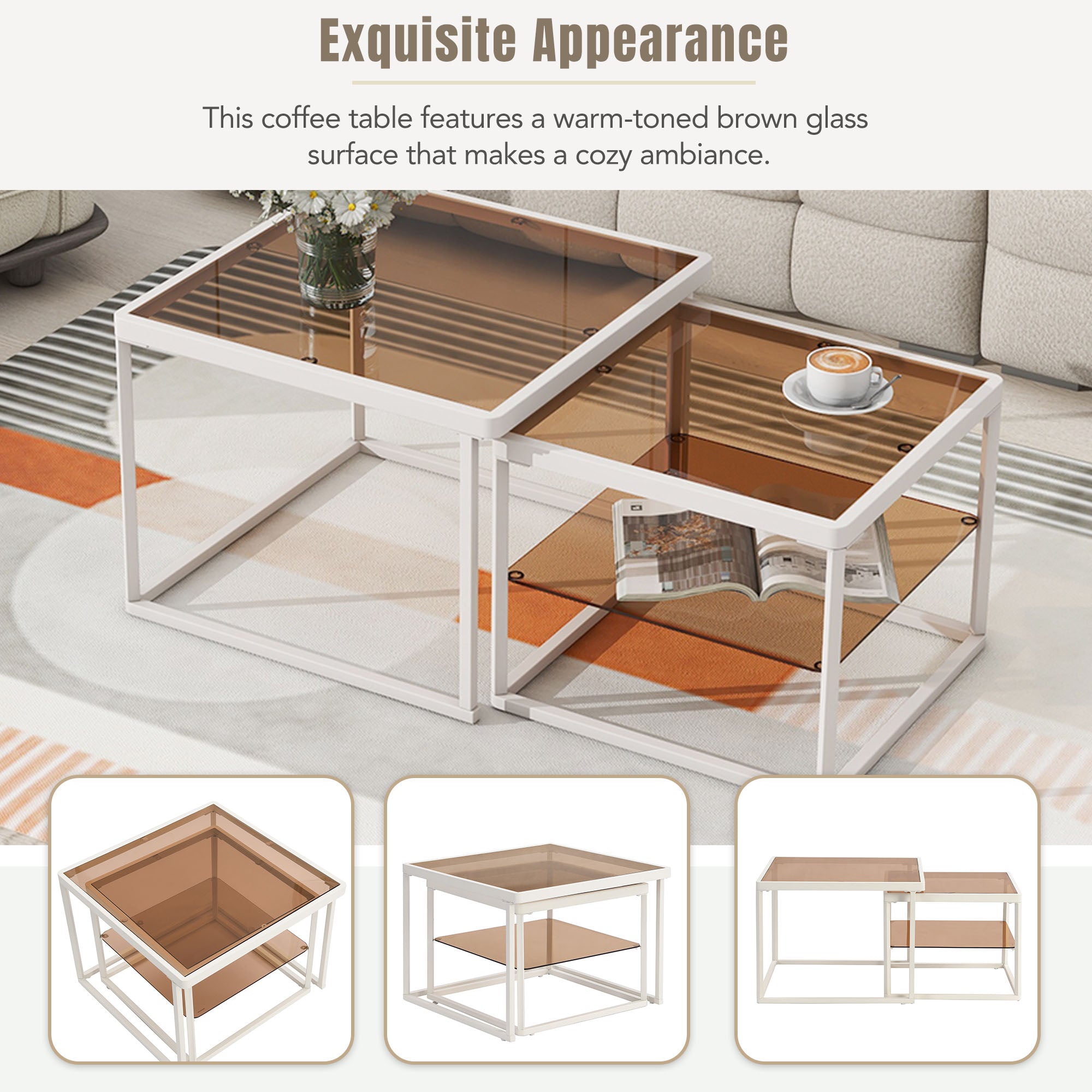 Royard Oaktree Nested Coffee Table Square Coffee Table Set of 2 Modern Center Tables with Brown Tempered Glass Top and Shelf Nested End Tables Stacking Table with Metal Frame