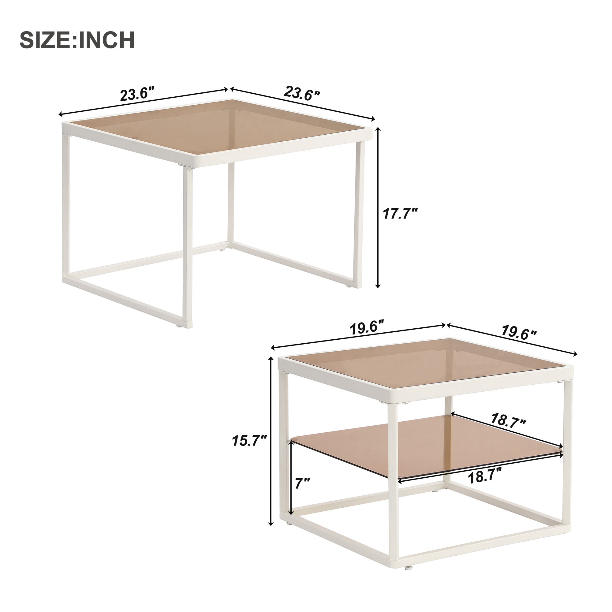 Royard Oaktree Nested Coffee Table Square Coffee Table Set of 2 Modern Center Tables with Brown Tempered Glass Top and Shelf Nested End Tables Stacking Table with Metal Frame