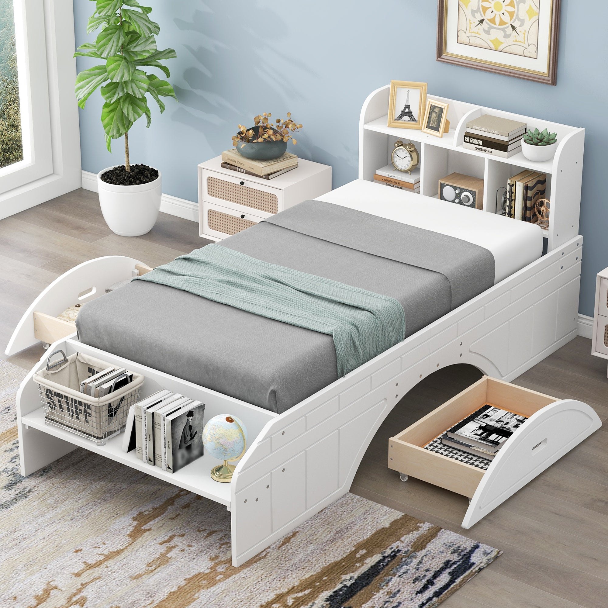 Royard Oaktree Platform Bed with 2 Drawers and Open Shelves, Multifunctional Bed Frame with Storage Headboard and Footboard Bench, Wood Storage Platform Bed with Slats Support