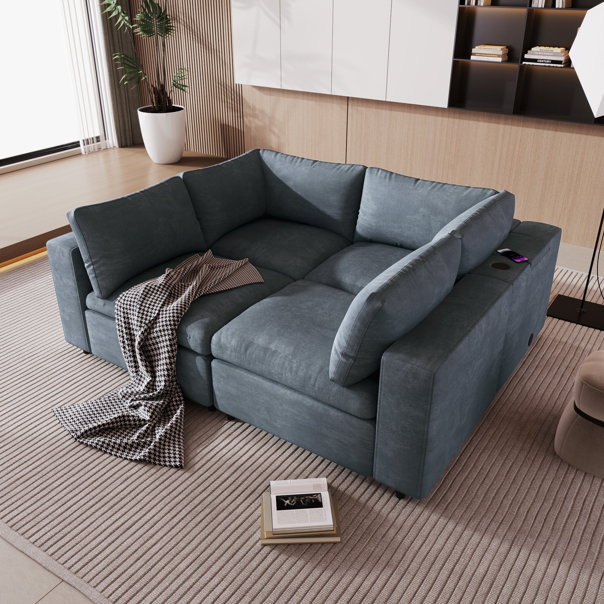 Royard Oaktree Modular Sectional Sofa with Wireless Charging Station and Built-in Bluetooth Speaker Upholstered 4-Seat Sleeper Couch Modern Convertible Sofa for Living Room Apartment Office