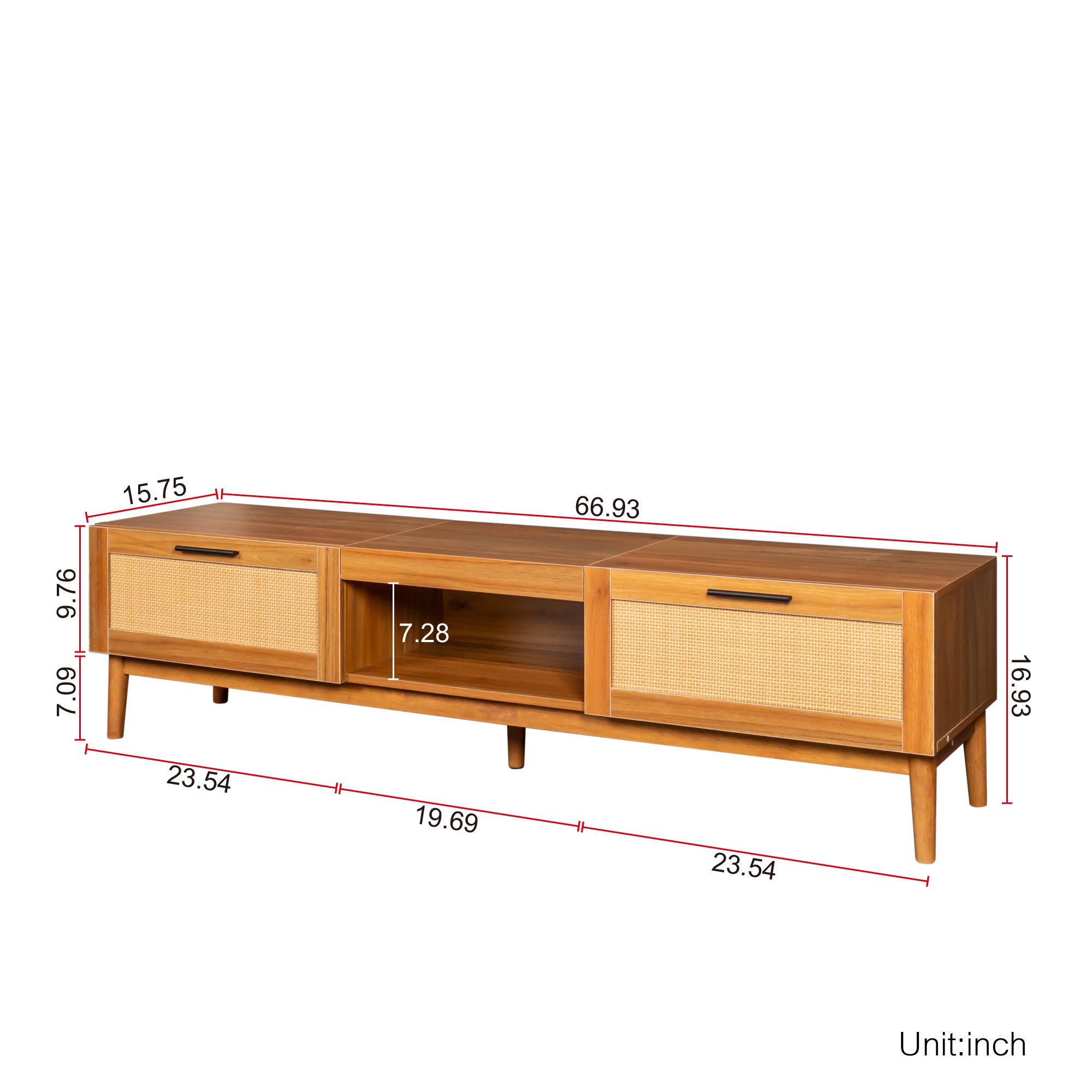 Royard Oaktree Rattan TV Stand for TVs up to 80 Inches Wood Entertainment Center with Storage Cabinet and Pull Out Tray Farmhouse TV Console Media Cabinet for Living Room Bedroom