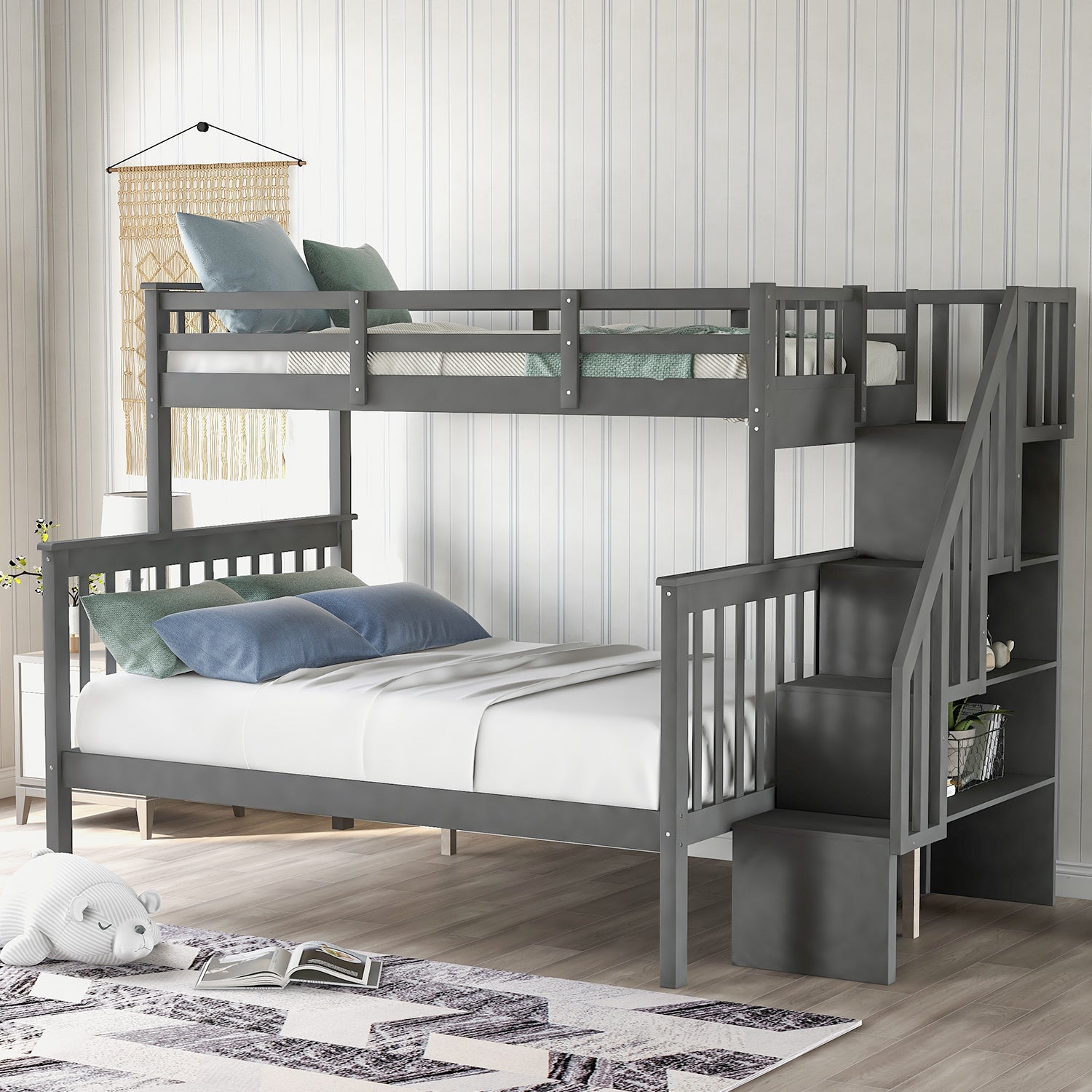 Royard Oaktree Twin-Over-Full Bunk Bed with Storage Stairway and Guard Rail Wood Bunk Bed Frame with Headboard and Footboard, Wood Slats, No Box Spring Needed