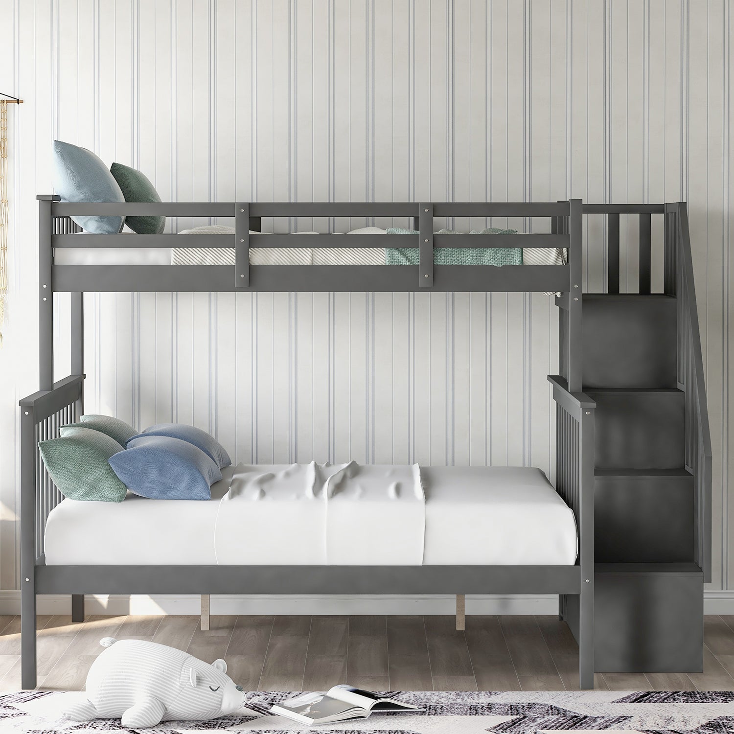 Royard Oaktree Twin-Over-Full Bunk Bed with Storage Stairway and Guard Rail Wood Bunk Bed Frame with Headboard and Footboard, Wood Slats, No Box Spring Needed